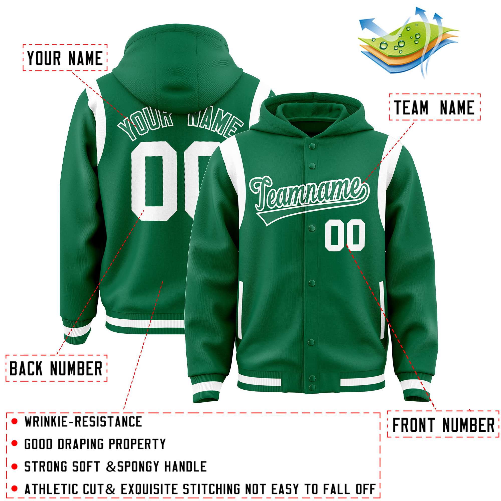 Custom Kelly Green Kelly Green Varsity Full-Snap Letterman Shoulder Color Block Jacket Hoodie| KXKSHOP
