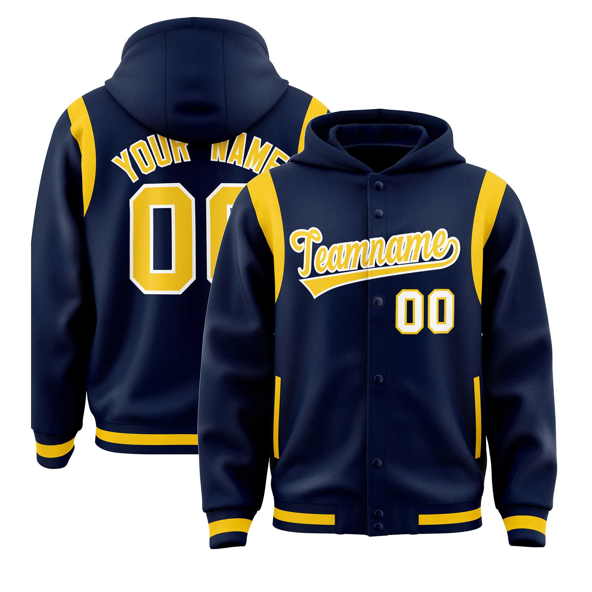 Custom Navy Gold Varsity Full-Snap Letterman Shoulder Color Block Jacket Hoodie| KXKSHOP