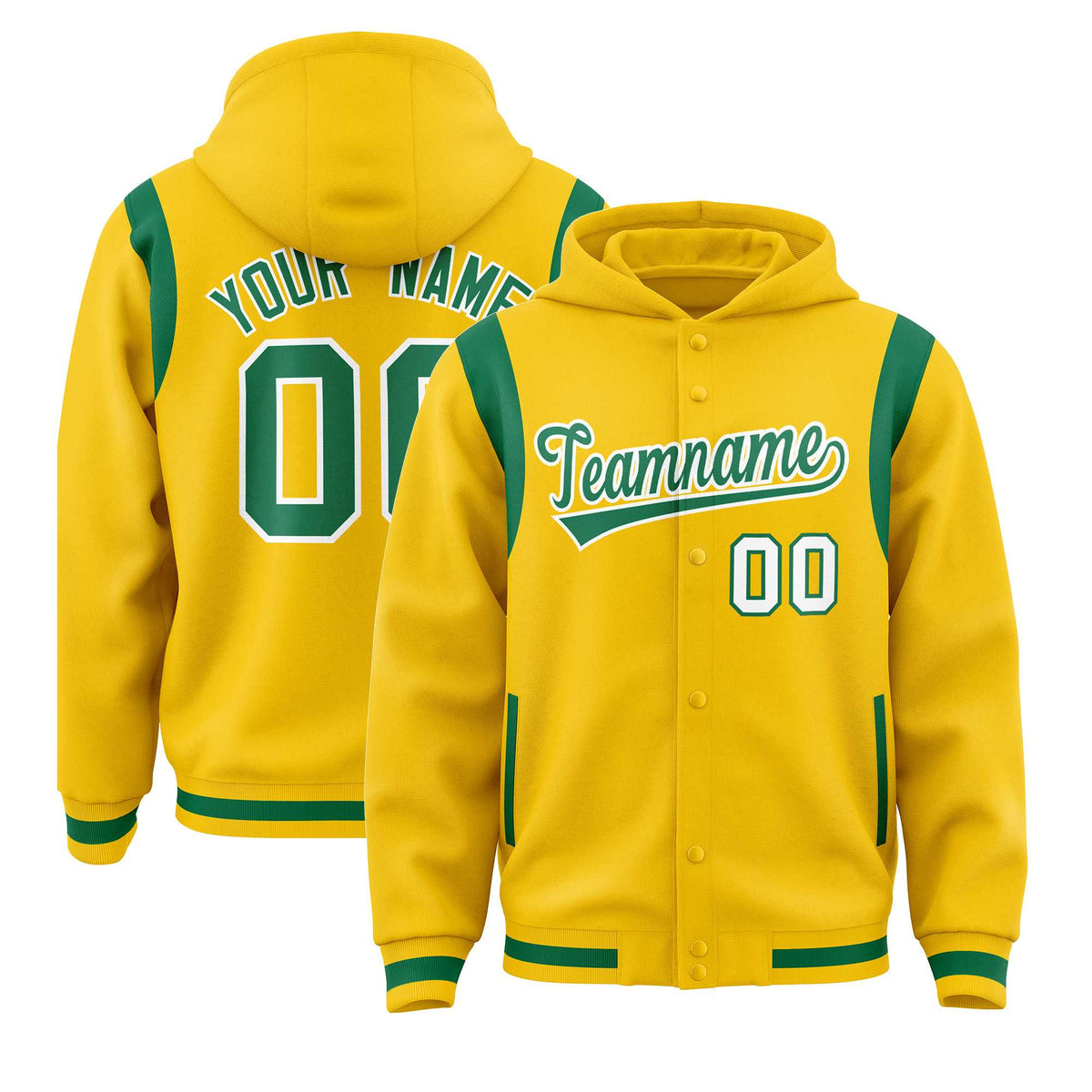 Custom Gold Kelly Green Varsity Full-Snap Letterman Shoulder Color Block Jacket Hoodie| KXKSHOP