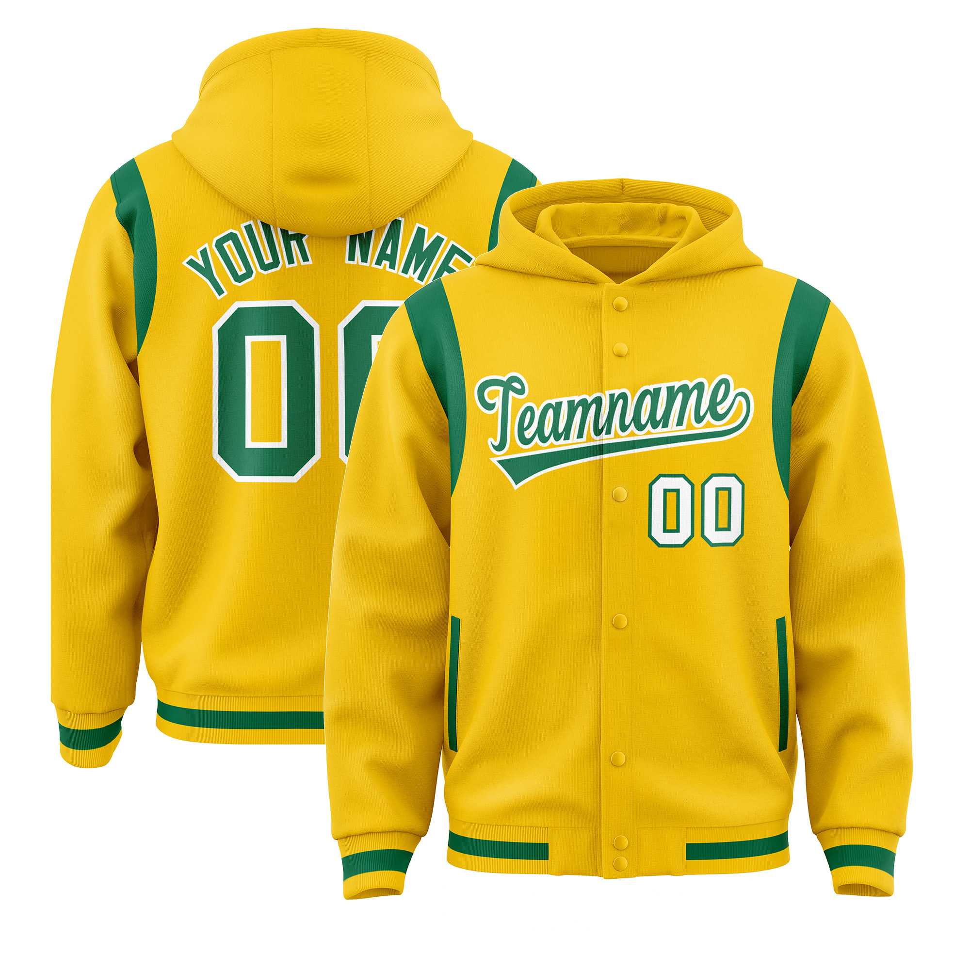 Custom Gold Kelly Green Varsity Full-Snap Letterman Shoulder Color Block Jacket Hoodie| KXKSHOP