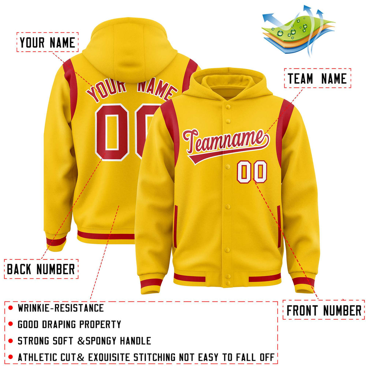 Custom Gold Red Varsity Full-Snap Letterman Shoulder Color Block Jacket Hoodie| KXKSHOP