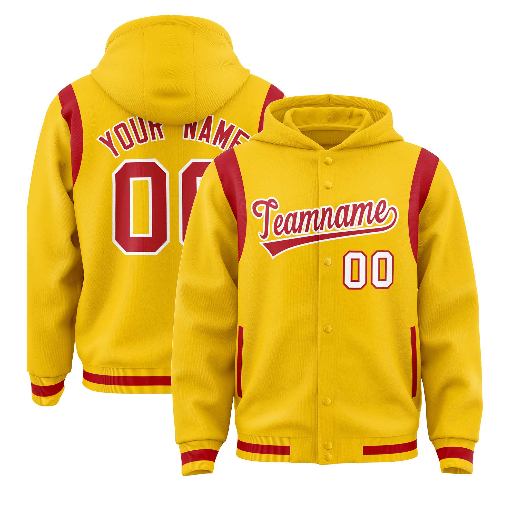 Custom Gold Red Varsity Full-Snap Letterman Shoulder Color Block Jacket Hoodie| KXKSHOP