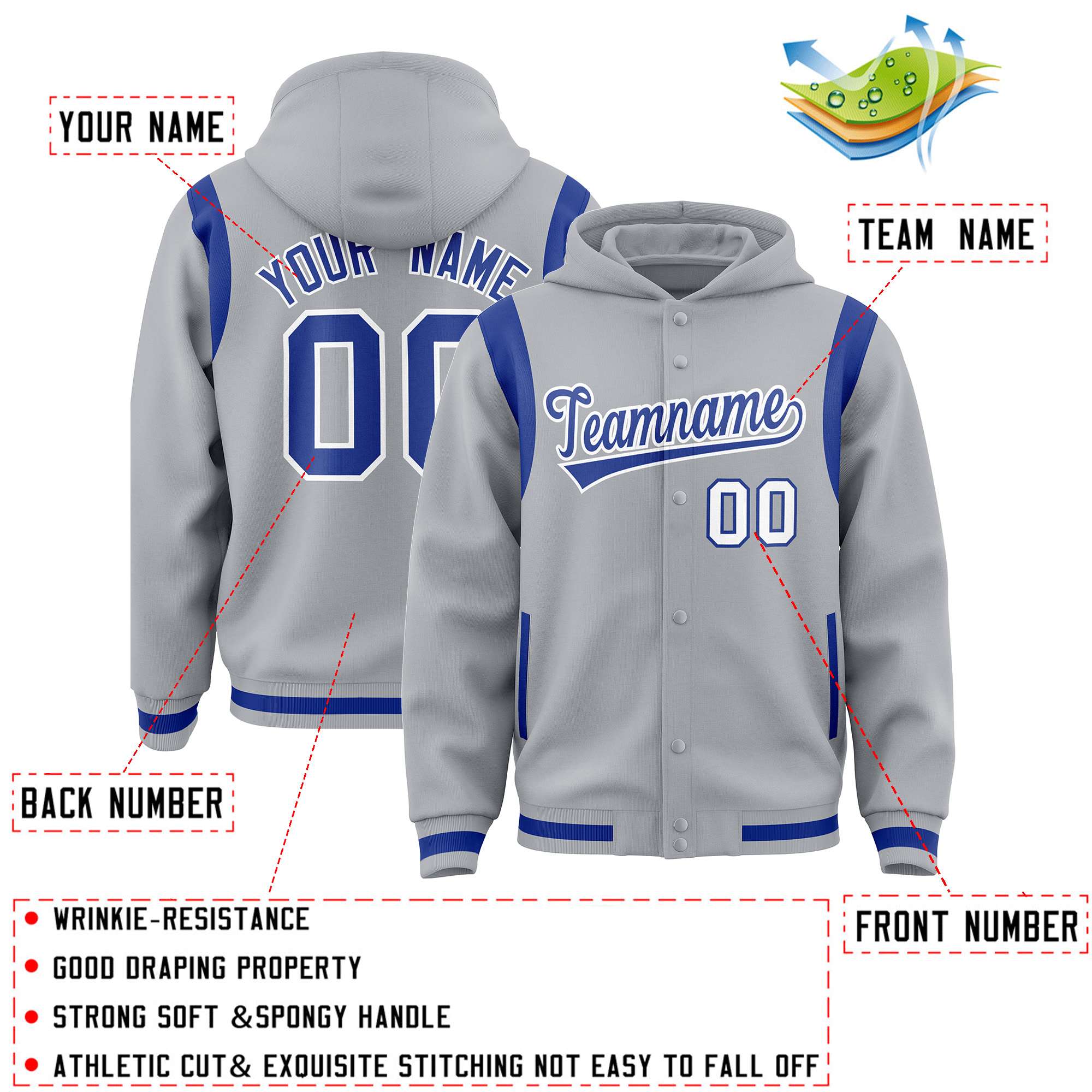 Custom Silver Royal Varsity Full-Snap Letterman Shoulder Color Block Jacket Hoodie| KXKSHOP