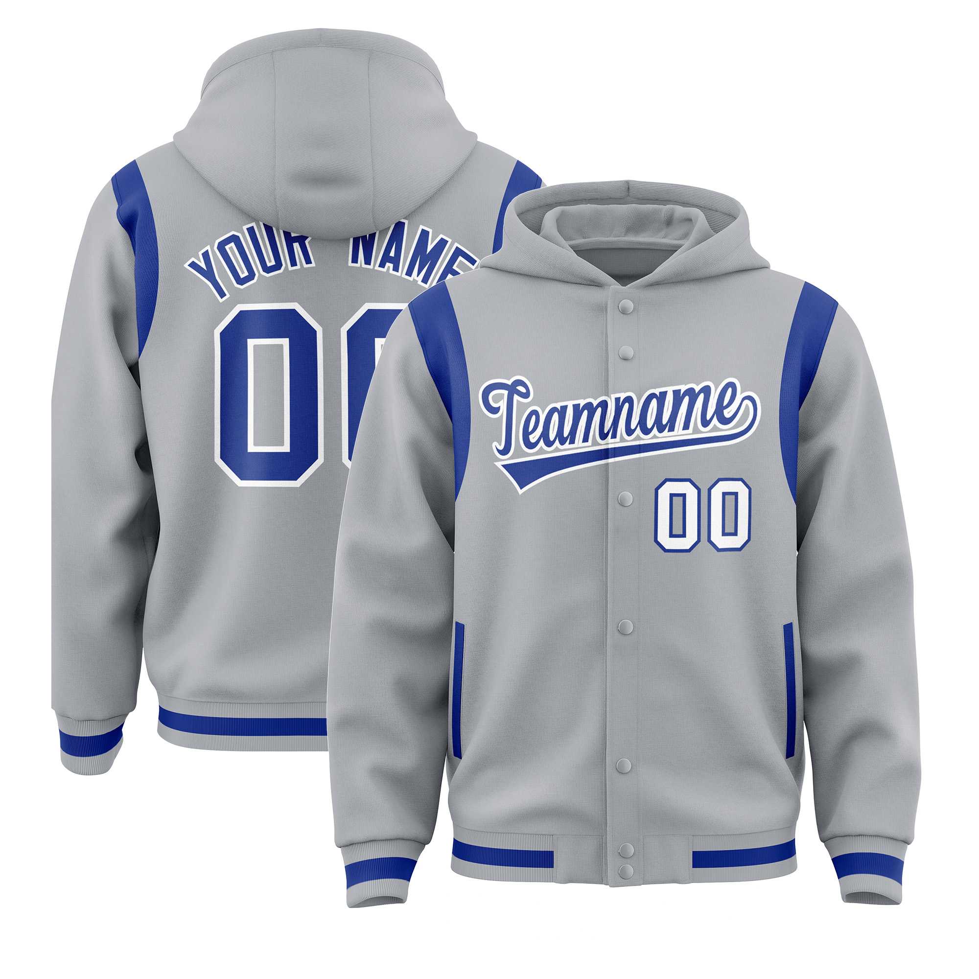 Custom Silver Royal Varsity Full-Snap Letterman Shoulder Color Block Jacket Hoodie| KXKSHOP