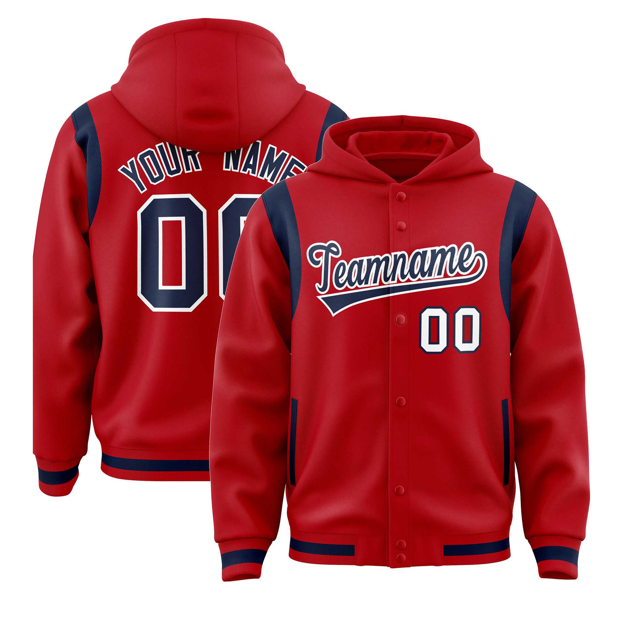 Custom Red Navy Varsity Full-Snap Letterman Shoulder Color Block Jacket Hoodie| KXKSHOP