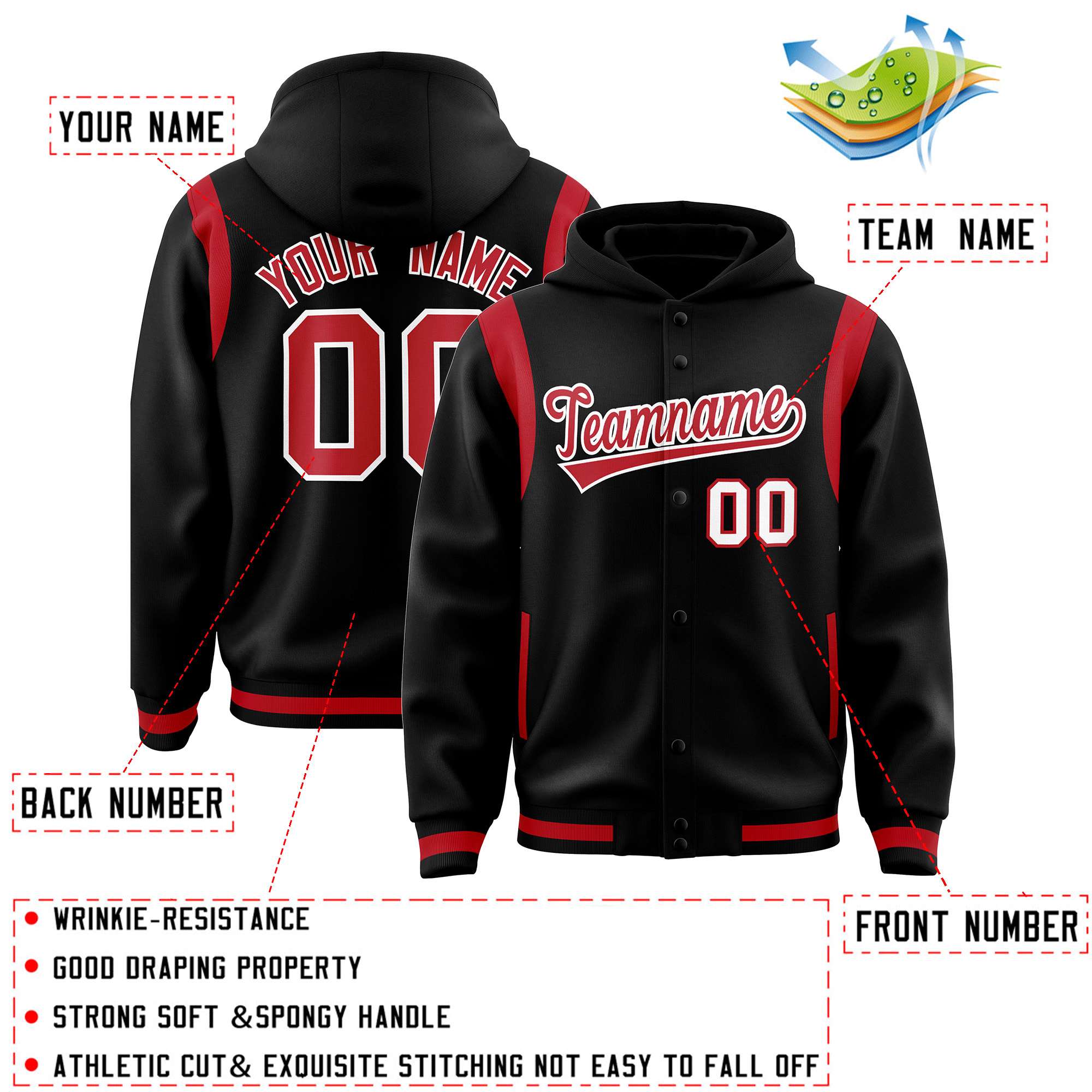 Custom Black Red Varsity Full-Snap Letterman Shoulder Color Block Jacket Hoodie| KXKSHOP