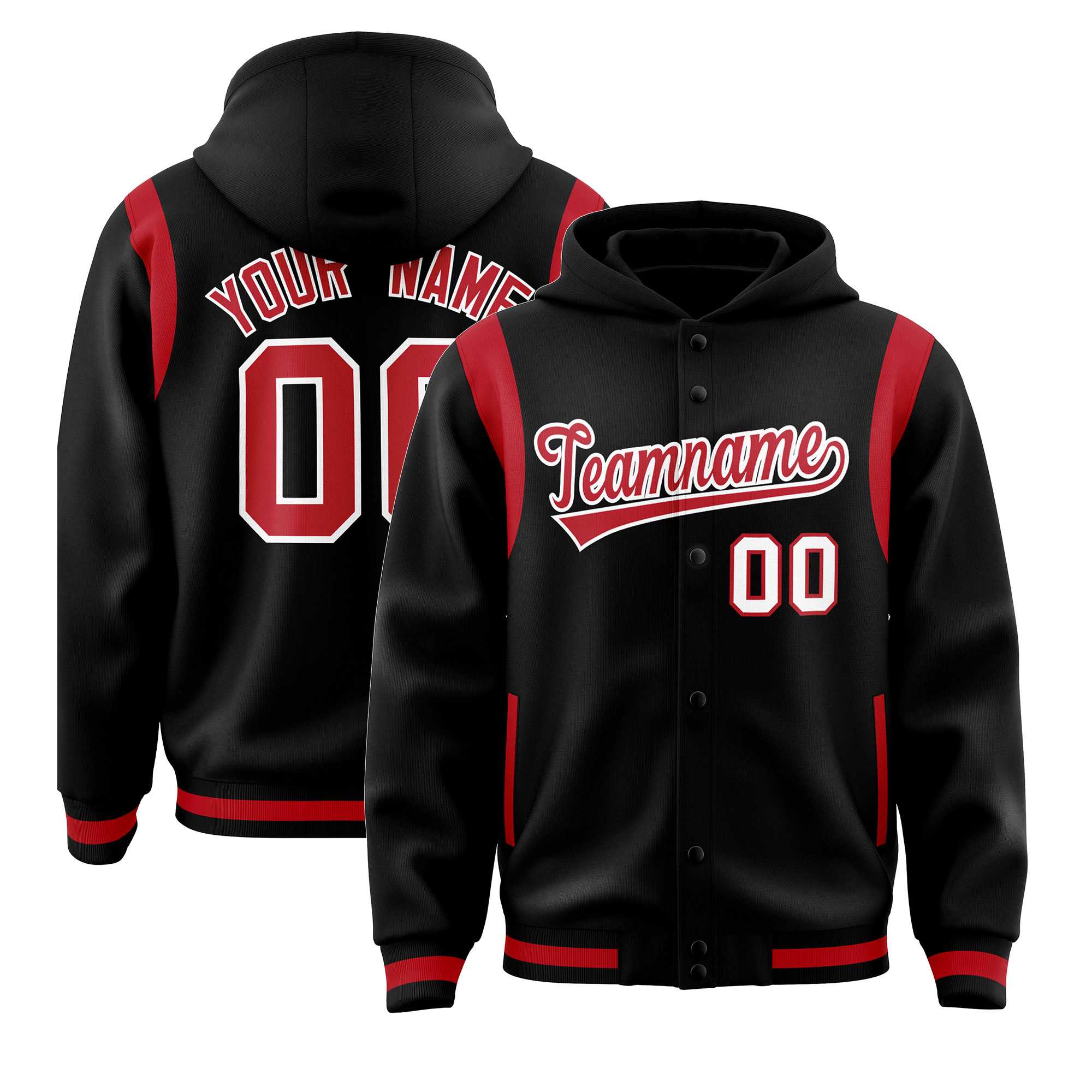 Custom Black Red Varsity Full-Snap Letterman Shoulder Color Block Jacket Hoodie| KXKSHOP