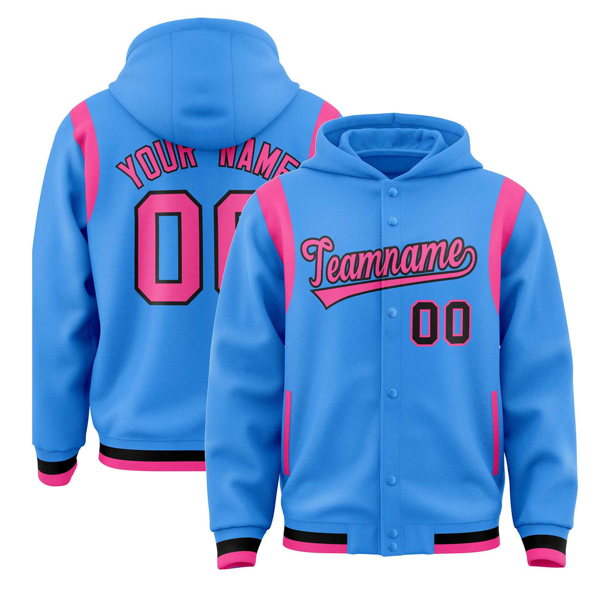 Custom Powder Blue Pink Varsity Full-Snap Letterman Shoulder Color Block Jacket Hoodie| KXKSHOP