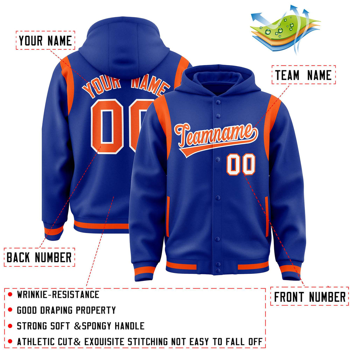 Custom Royal Orange Varsity Full-Snap Letterman Shoulder Color Block Jacket Hoodie| KXKSHOP