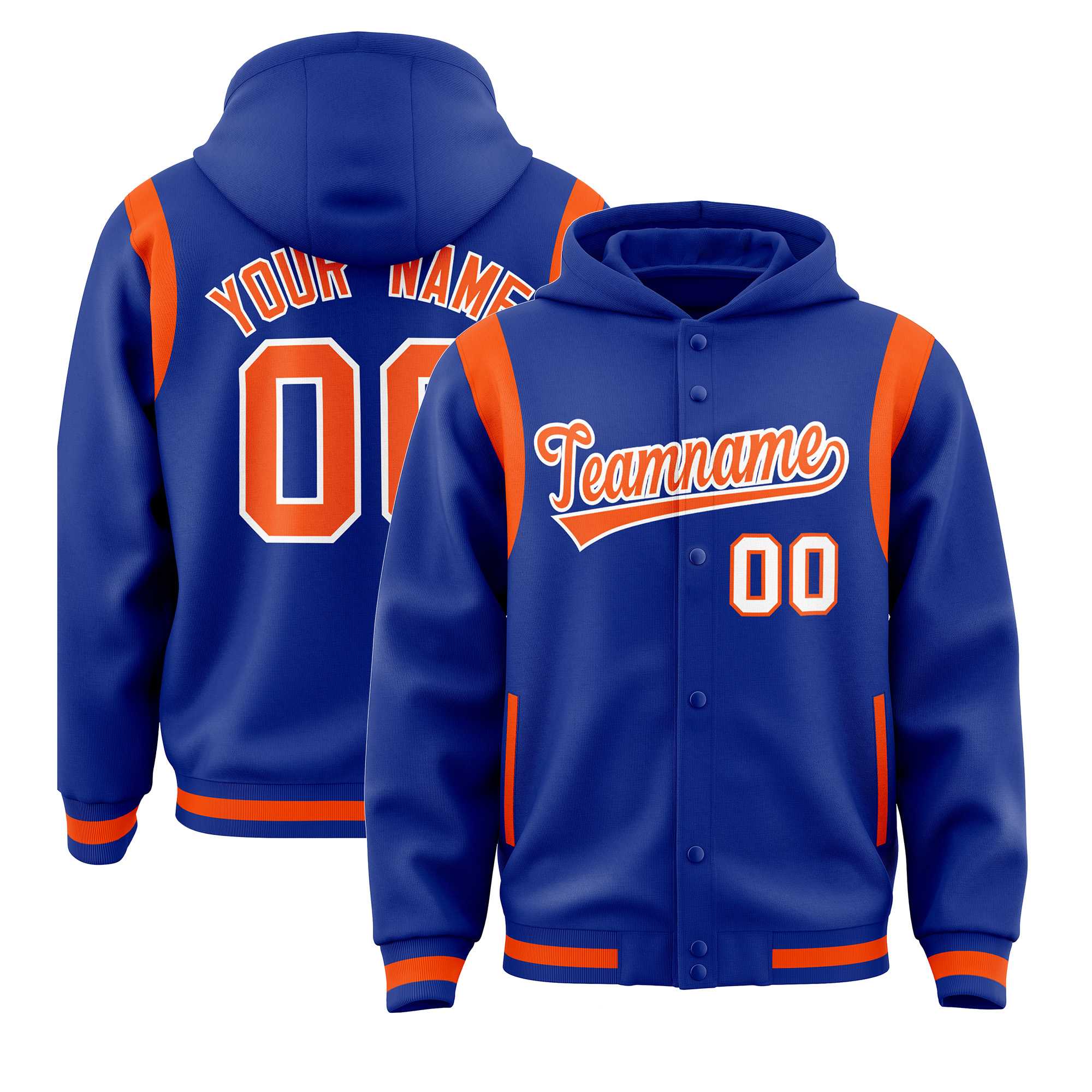 Custom Royal Orange Varsity Full-Snap Letterman Shoulder Color Block Jacket Hoodie| KXKSHOP