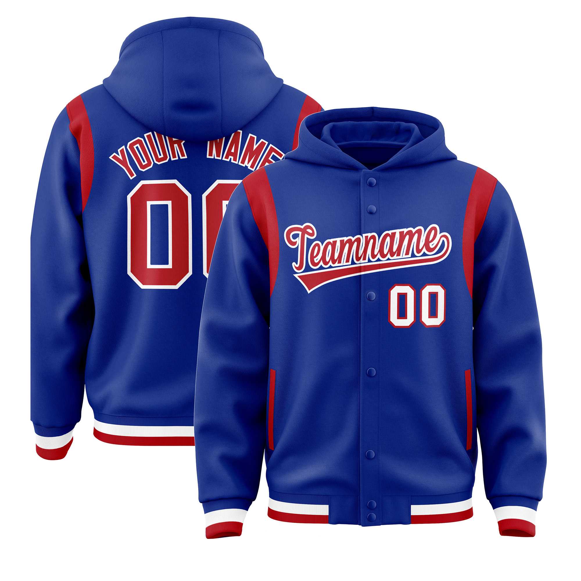 Custom Royal Red Varsity Full-Snap Letterman Shoulder Color Block Jacket Hoodie| KXKSHOP