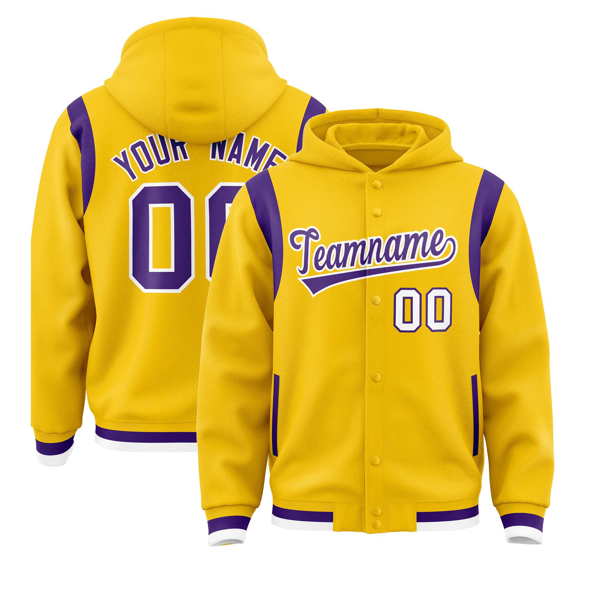 Custom Gold Purple Varsity Full-Snap Letterman Shoulder Color Block Jacket Hoodie| KXKSHOP
