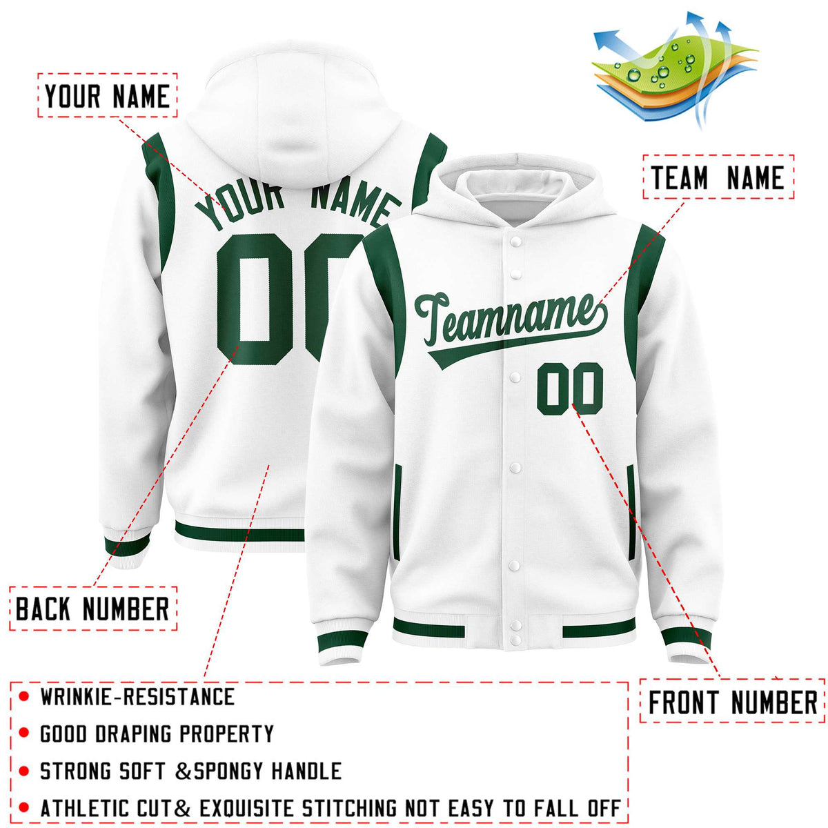 Custom White Green Varsity Full-Snap Letterman Shoulder Color Block Jacket Hoodie| KXKSHOP