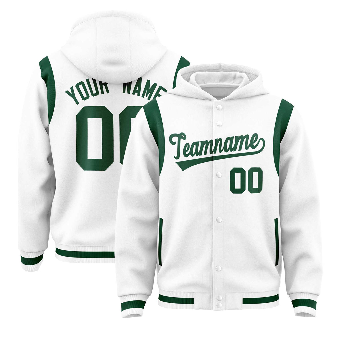 Custom White Green Varsity Full-Snap Letterman Shoulder Color Block Jacket Hoodie| KXKSHOP