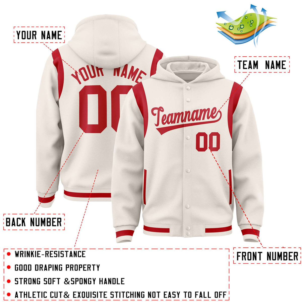 Custom Cream Red Varsity Full-Snap Letterman Shoulder Color Block Jacket Hoodie| KXKSHOP
