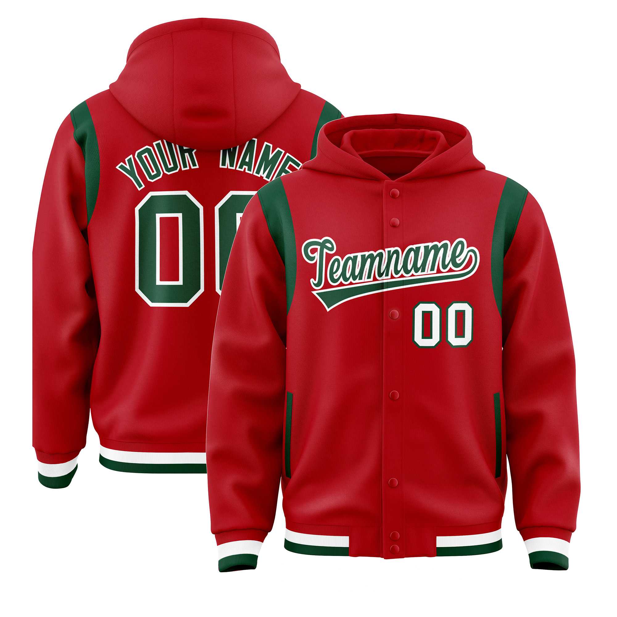 Custom Red Green Varsity Full-Snap Letterman Shoulder Color Block Jacket Hoodie| KXKSHOP