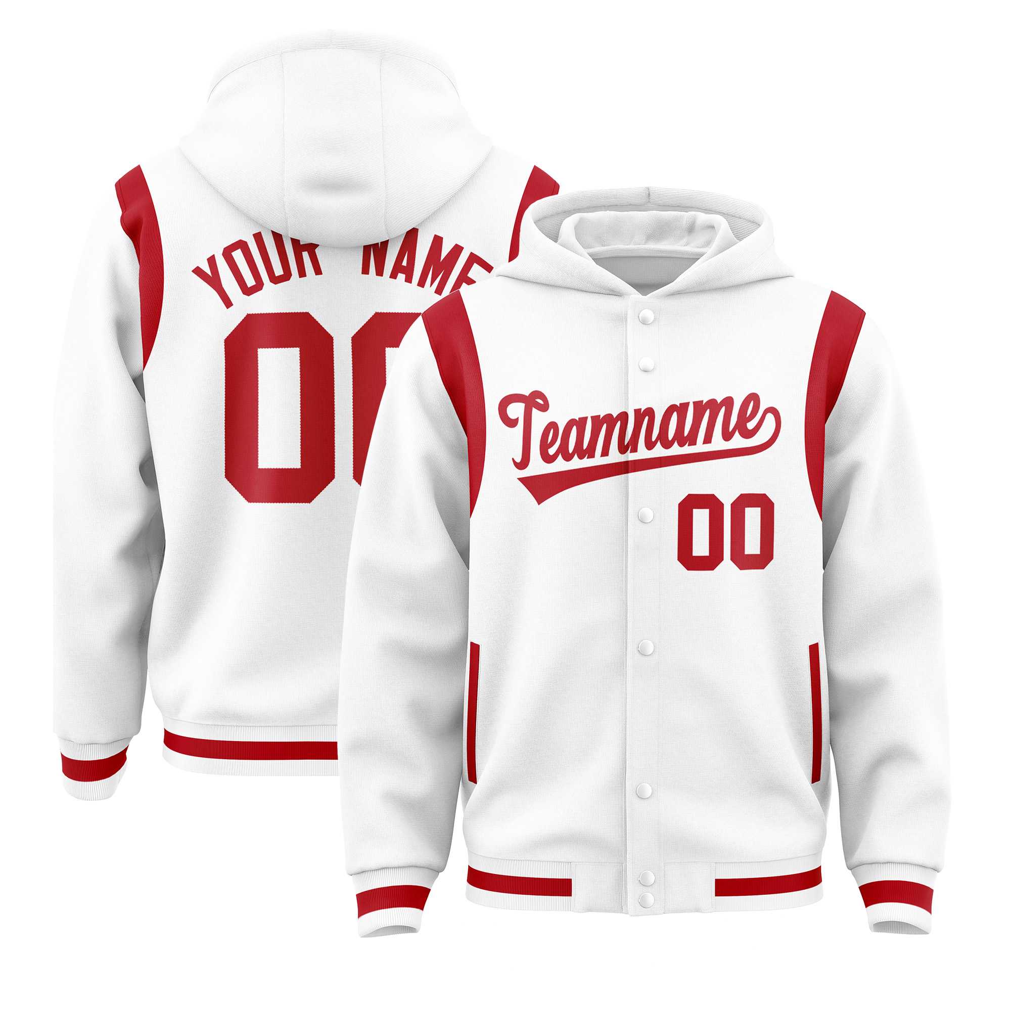 Custom White Red Varsity Full-Snap Letterman Shoulder Color Block Jacket Hoodie| KXKSHOP