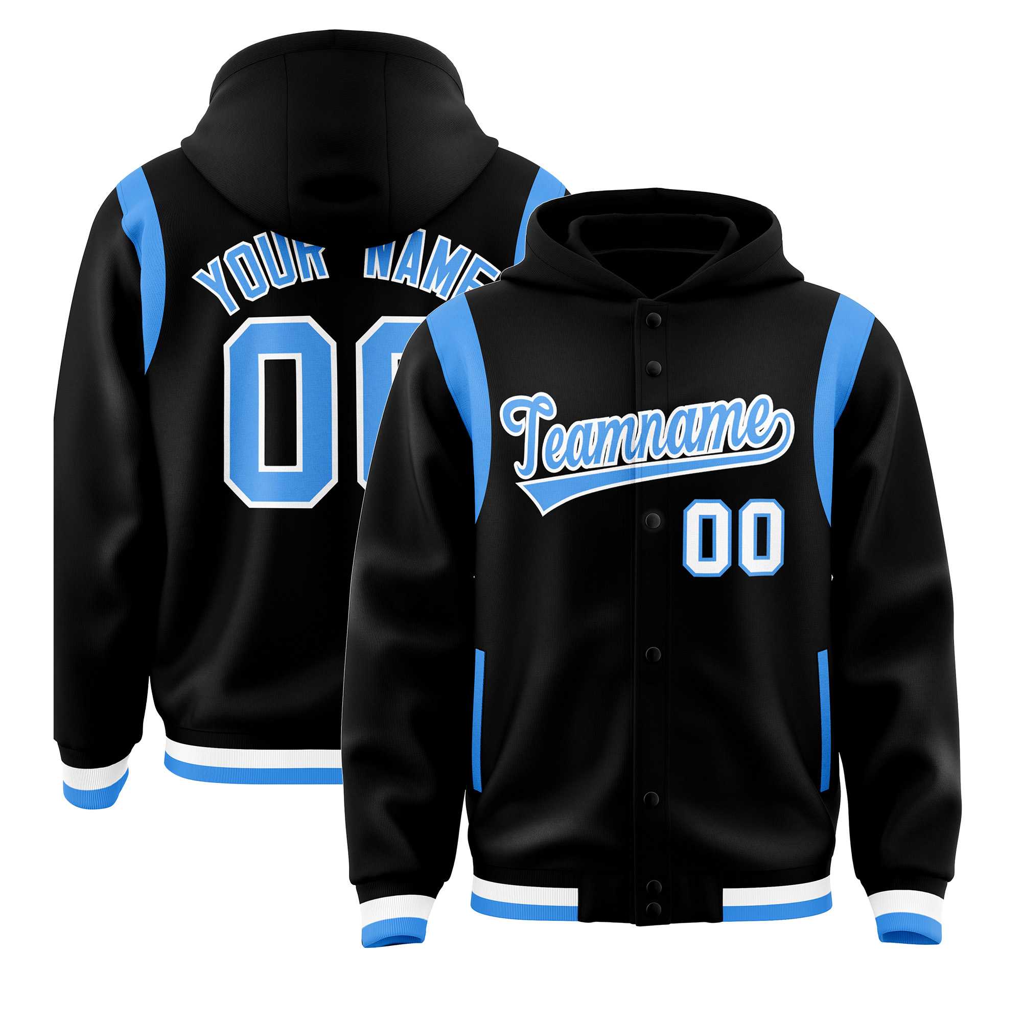 Custom Black Powder Blue Varsity Full-Snap Letterman Shoulder Color Block Jacket Hoodie| KXKSHOP