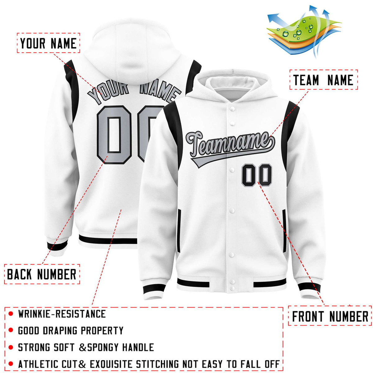 Custom White Silver Varsity Full-Snap Letterman Shoulder Color Block Jacket Hoodie| KXKSHOP