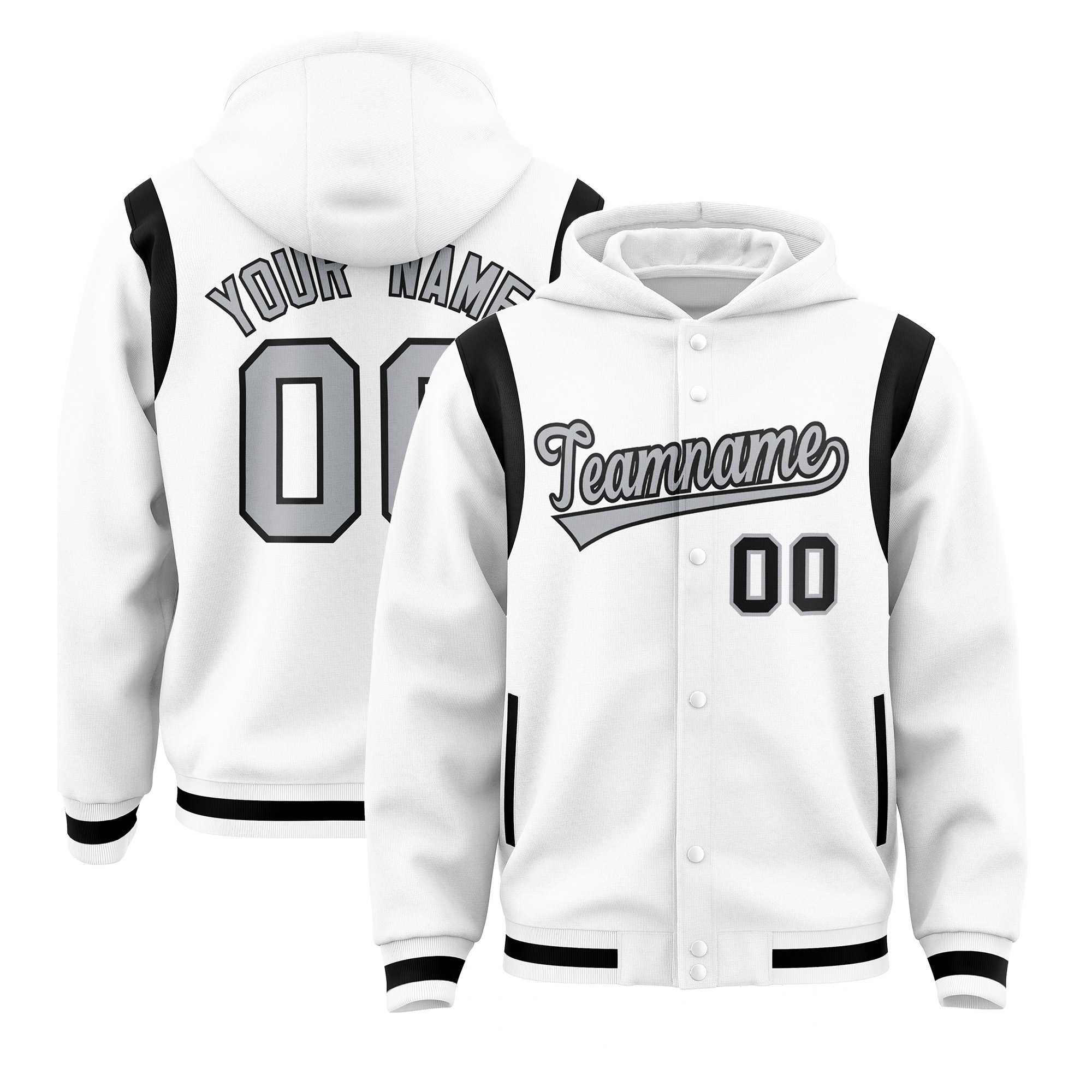 Custom White Silver Varsity Full-Snap Letterman Shoulder Color Block Jacket Hoodie| KXKSHOP