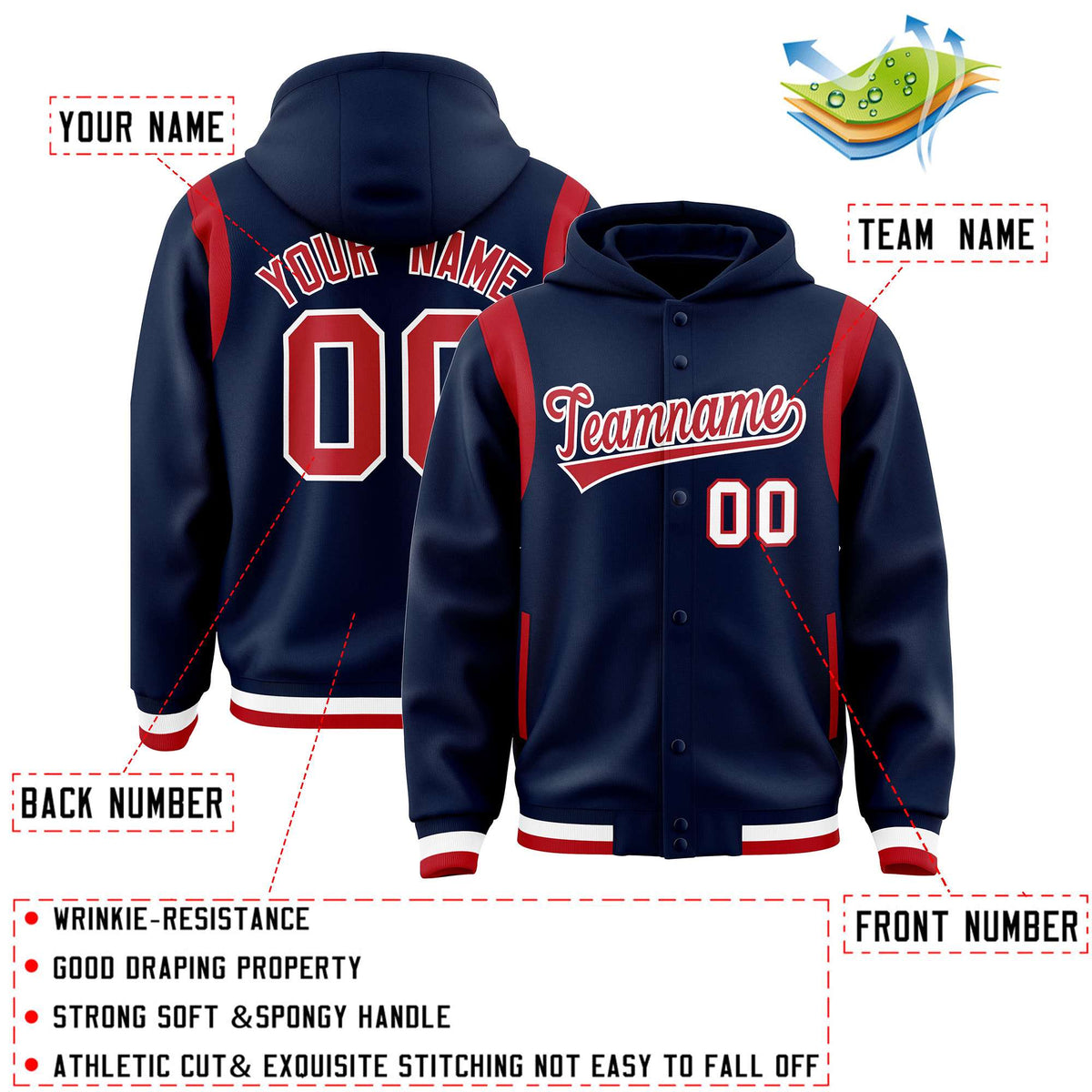 Custom Navy Red Varsity Full-Snap Letterman Shoulder Color Block Jacket Hoodie| KXKSHOP