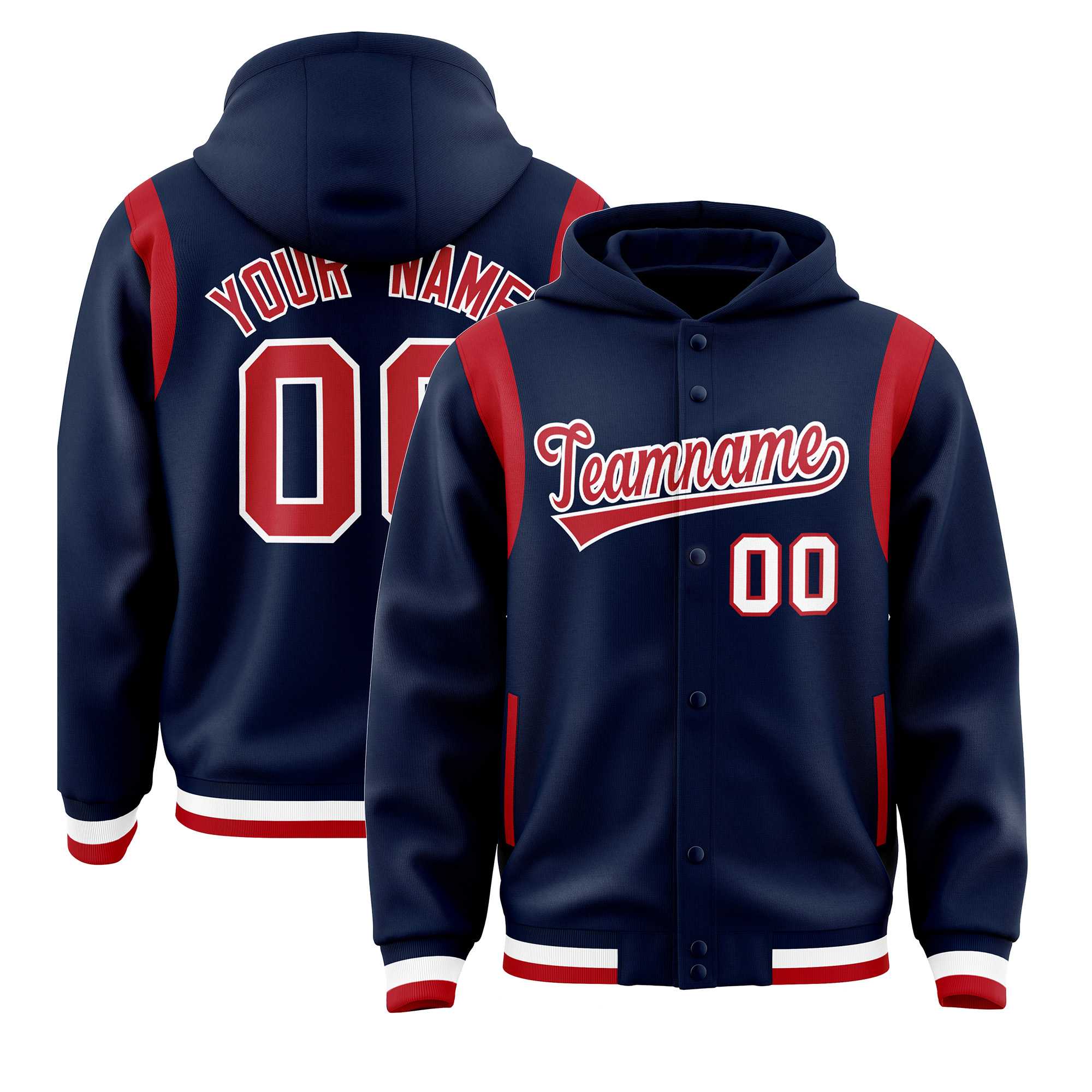 Custom Navy Red Varsity Full-Snap Letterman Shoulder Color Block Jacket Hoodie| KXKSHOP