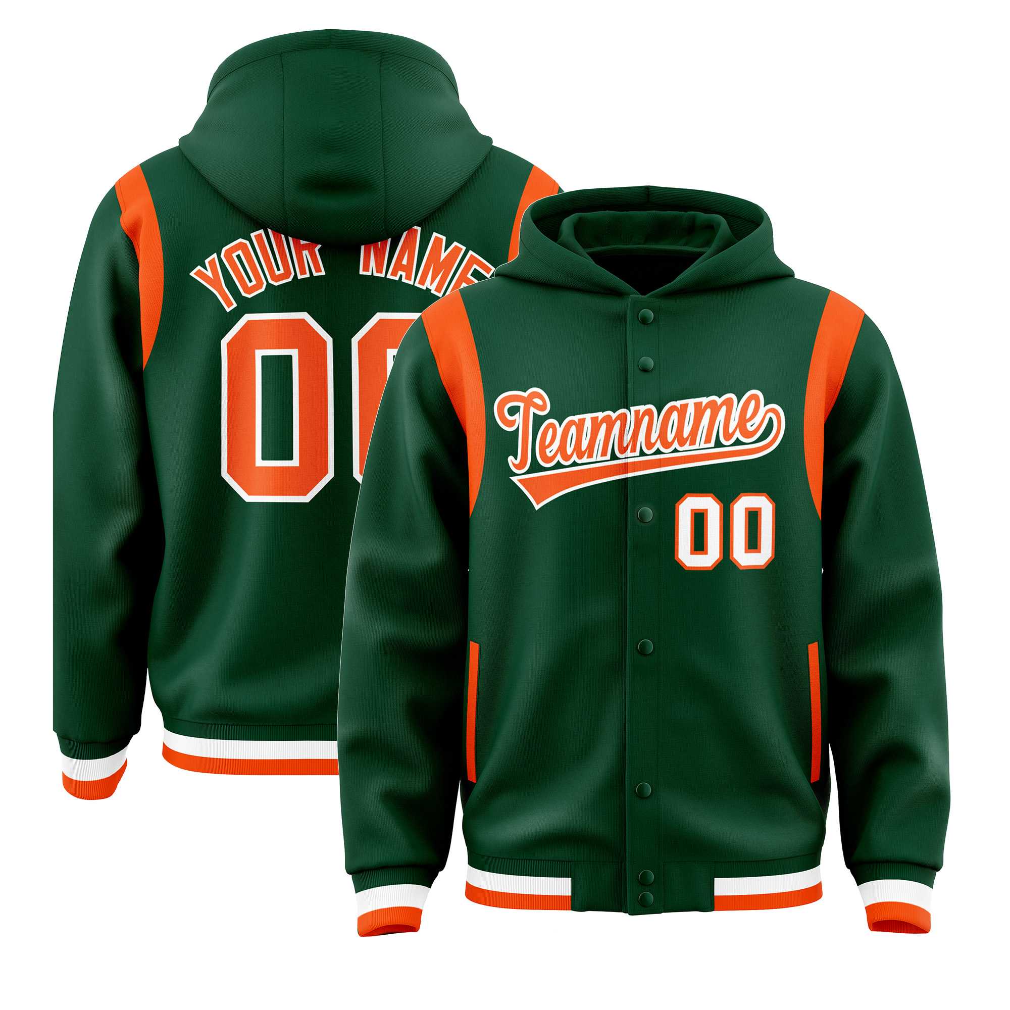 Custom Green Orange Varsity Full-Snap Letterman Shoulder Color Block Jacket Hoodie| KXKSHOP