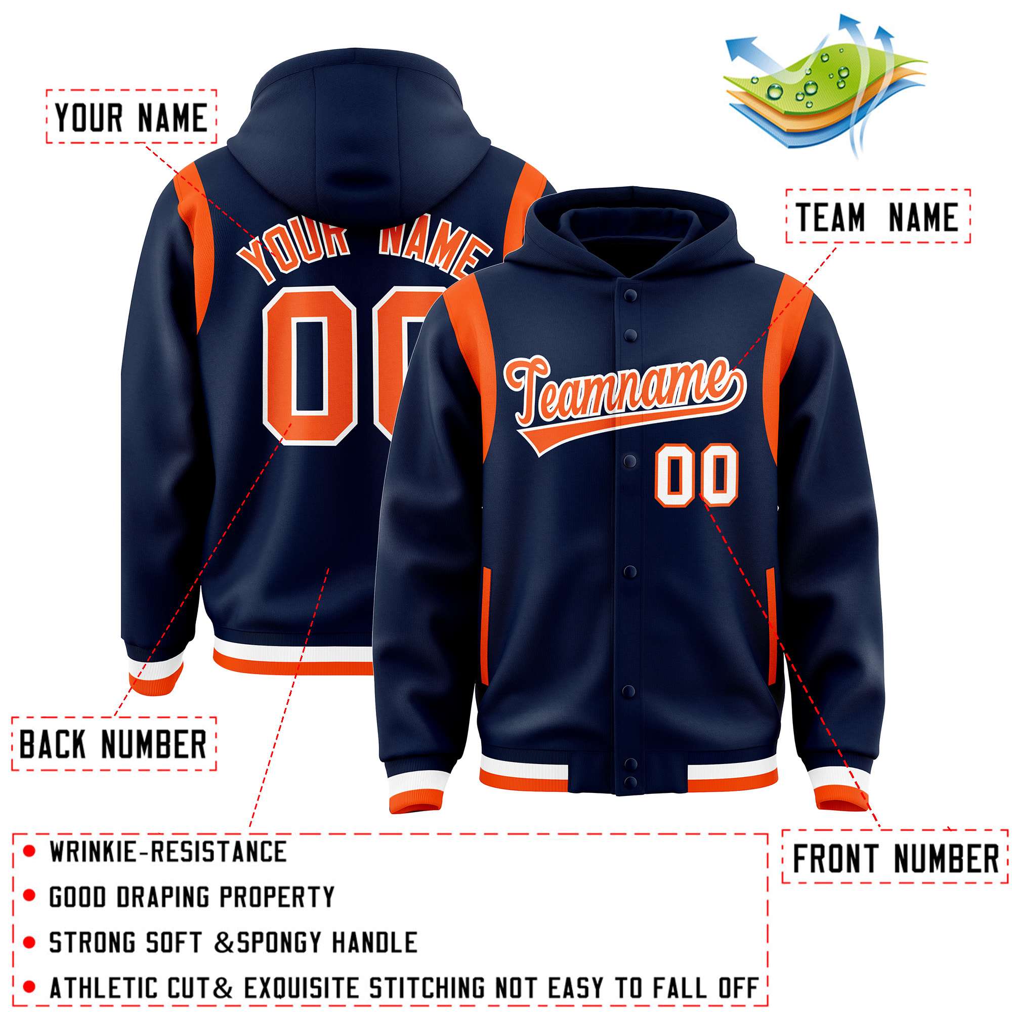 Custom Navy Orange Varsity Full-Snap Letterman Shoulder Color Block Jacket Hoodie| KXKSHOP