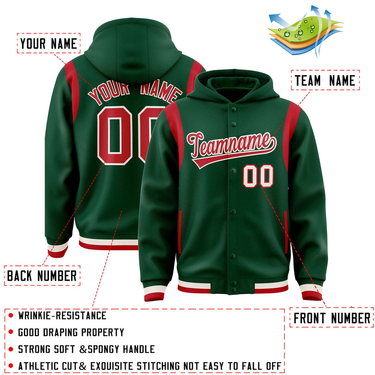 Custom Green Red Varsity Full-Snap Letterman Shoulder Color Block Jacket Hoodie| KXKSHOP