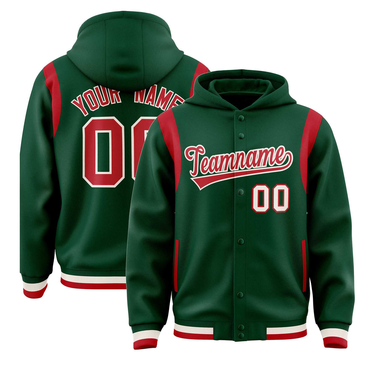 Custom Green Red Varsity Full-Snap Letterman Shoulder Color Block Jacket Hoodie| KXKSHOP