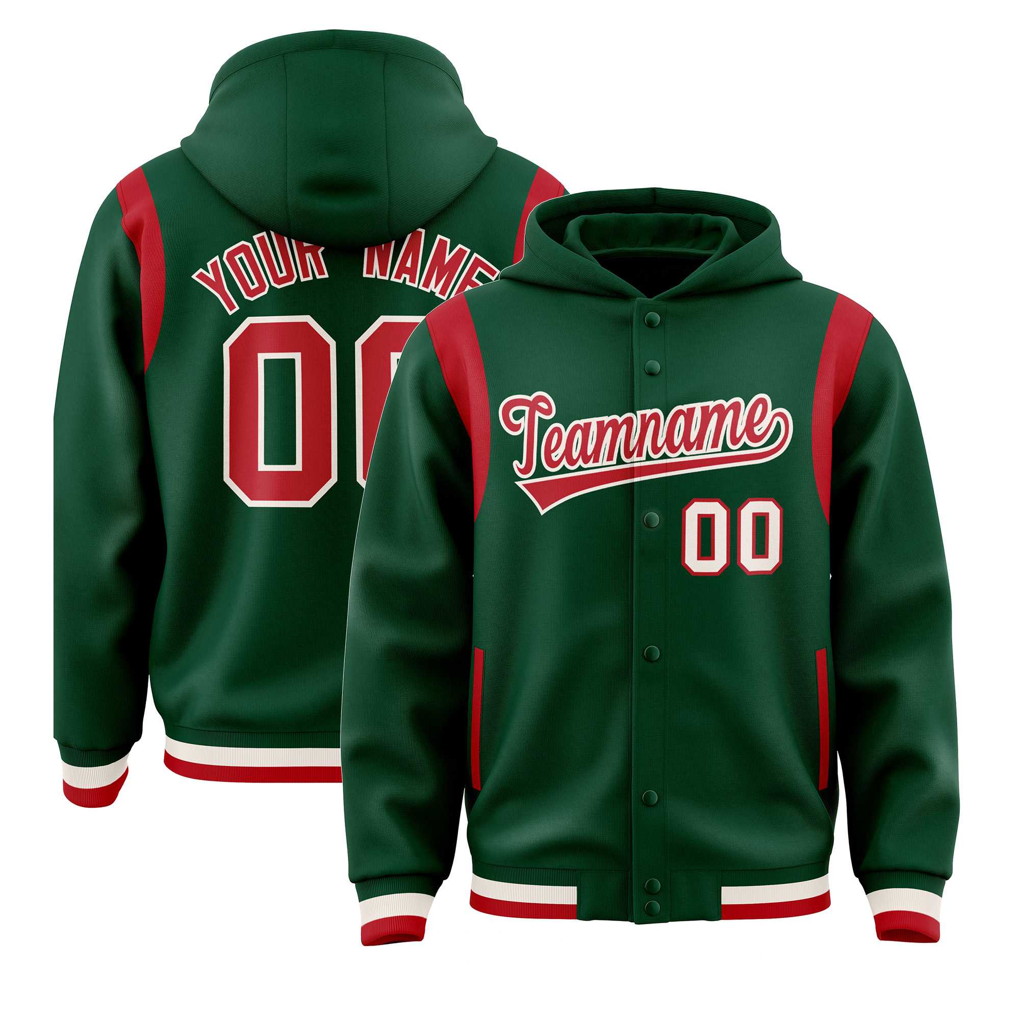 Custom Green Red Varsity Full-Snap Letterman Shoulder Color Block Jacket Hoodie| KXKSHOP