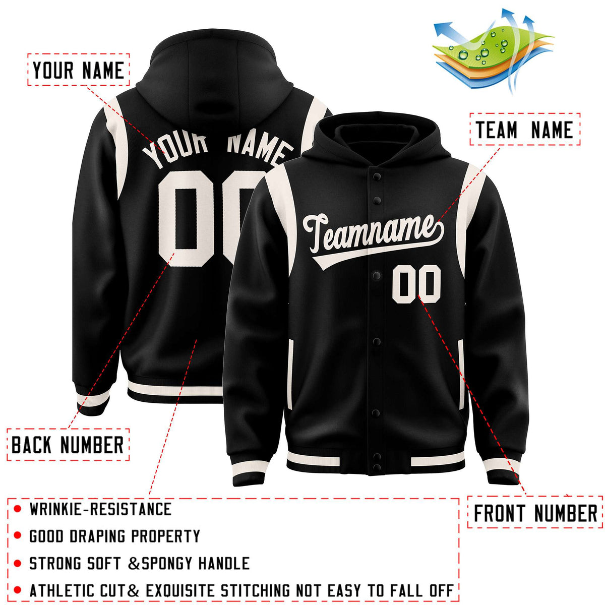 Custom Black Cream Varsity Full-Snap Letterman Shoulder Color Block Jacket Hoodie| KXKSHOP