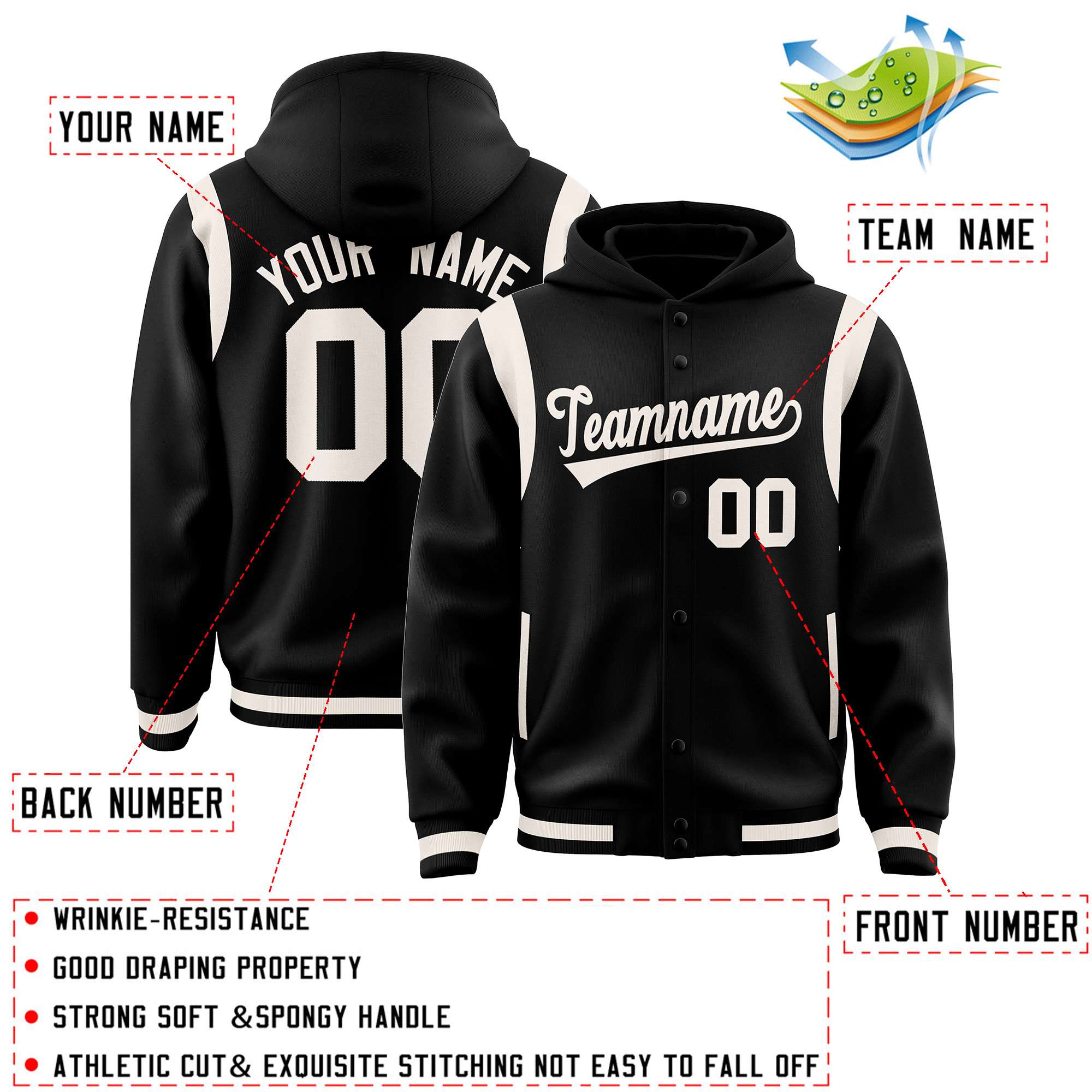 Custom Black Cream Varsity Full-Snap Letterman Shoulder Color Block Jacket Hoodie| KXKSHOP