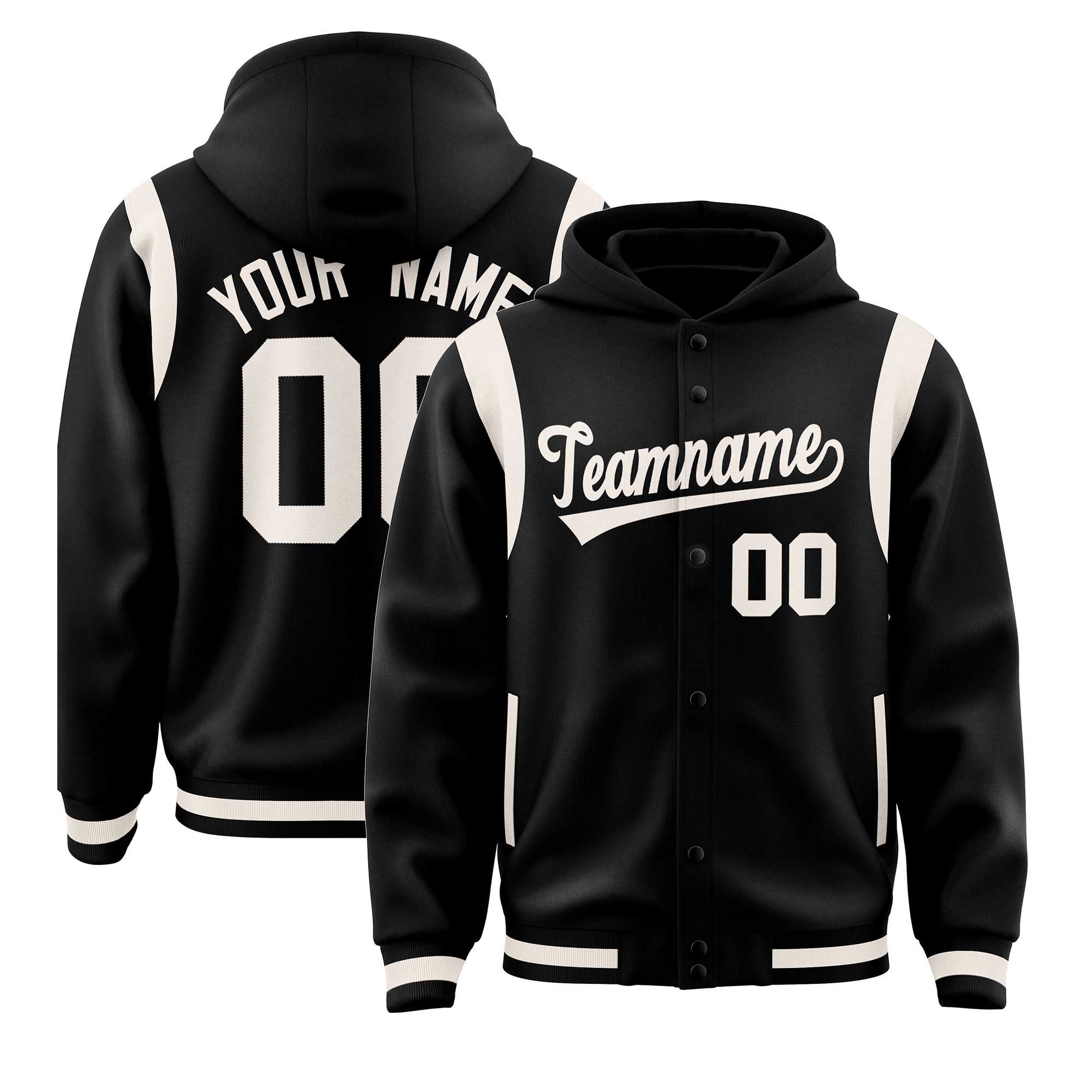 Custom Black Cream Varsity Full-Snap Letterman Shoulder Color Block Jacket Hoodie| KXKSHOP