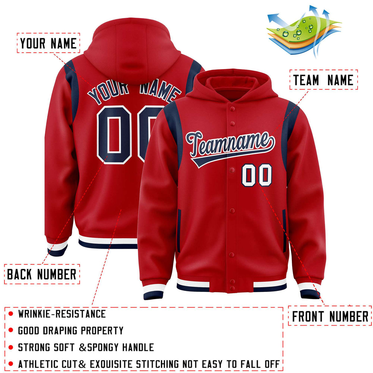 Custom Red Navy Varsity Full-Snap Letterman Shoulder Color Block Jacket Hoodie| KXKSHOP