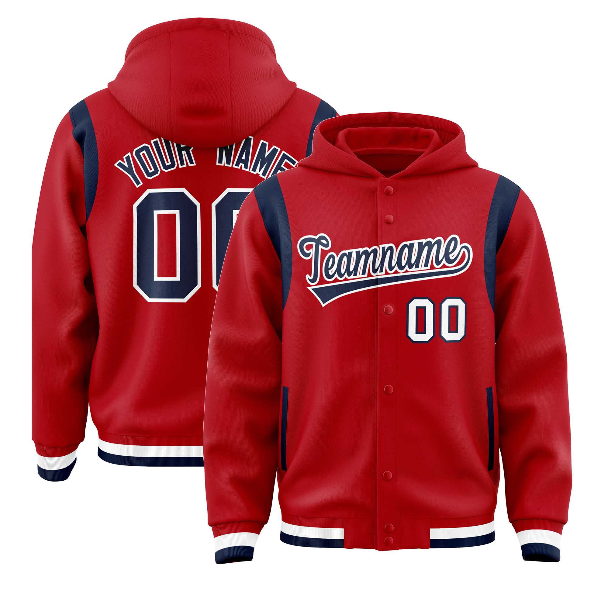 Custom Red Navy Varsity Full-Snap Letterman Shoulder Color Block Jacket Hoodie| KXKSHOP