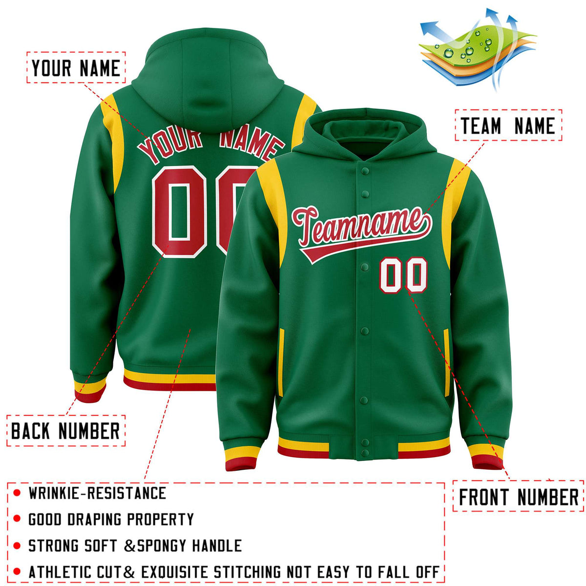 Custom Kelly Green Red Varsity Full-Snap Letterman Shoulder Color Block Jacket Hoodie| KXKSHOP