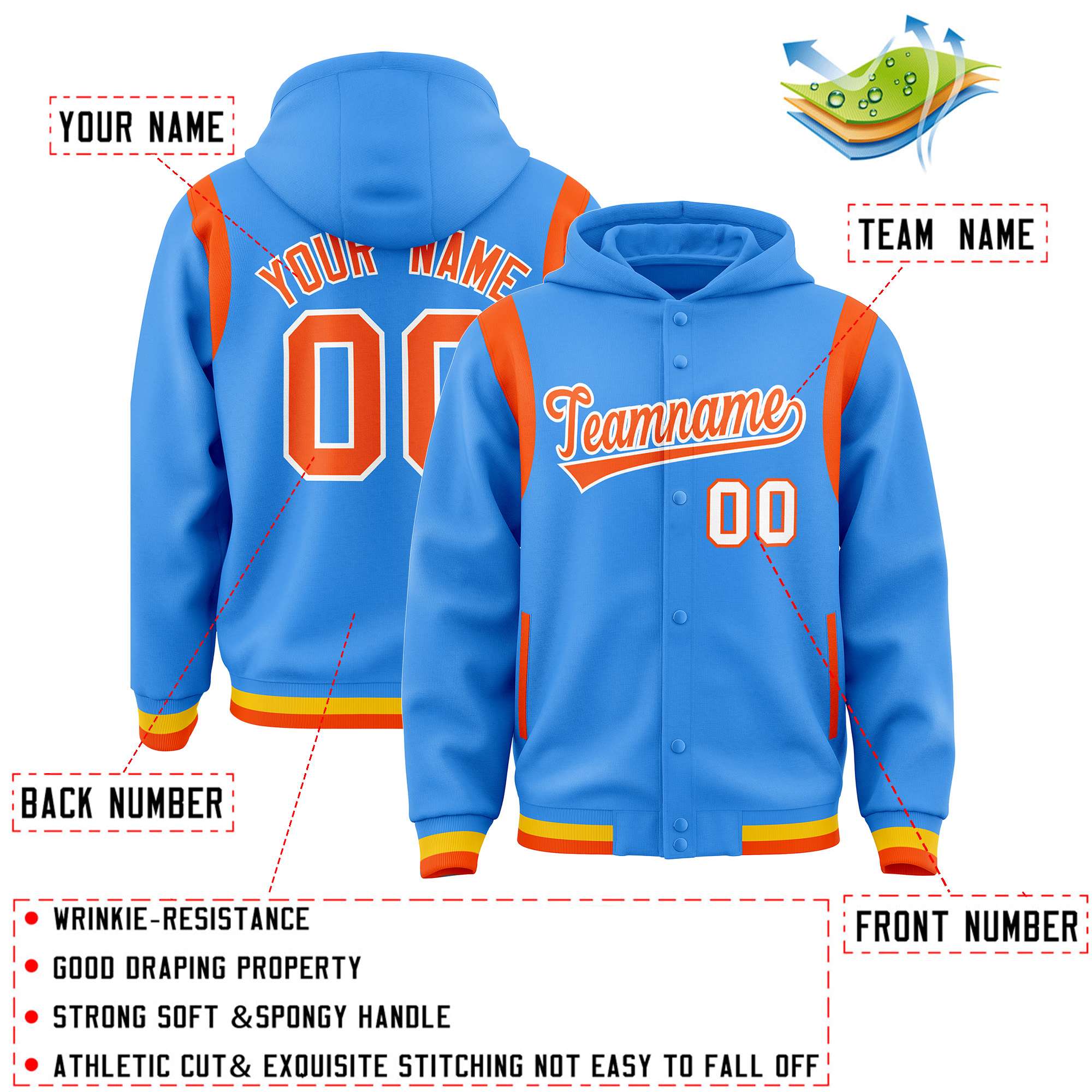 Custom Powder Blue Orange Varsity Full-Snap Letterman Shoulder Color Block Jacket Hoodie| KXKSHOP