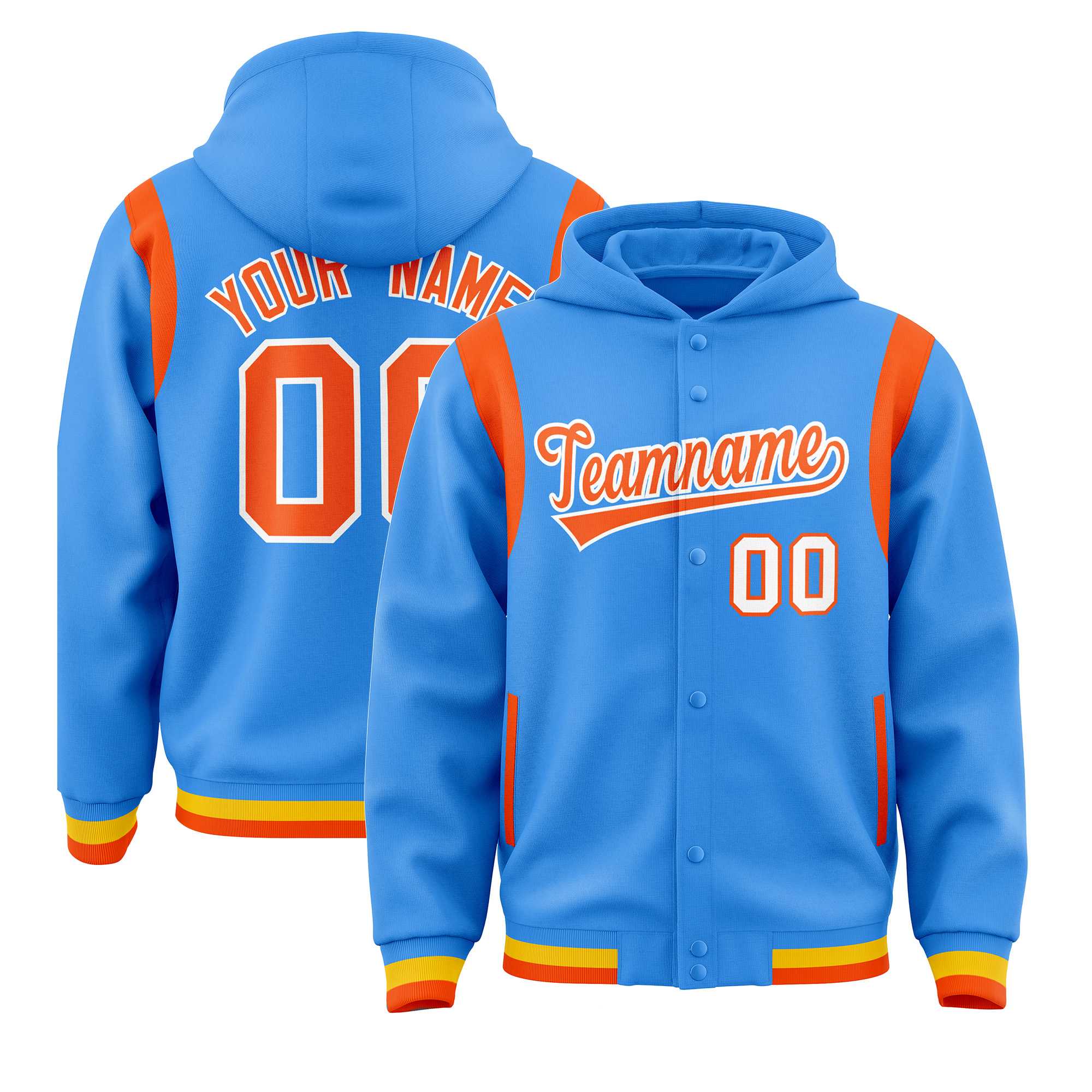 Custom Powder Blue Orange Varsity Full-Snap Letterman Shoulder Color Block Jacket Hoodie| KXKSHOP
