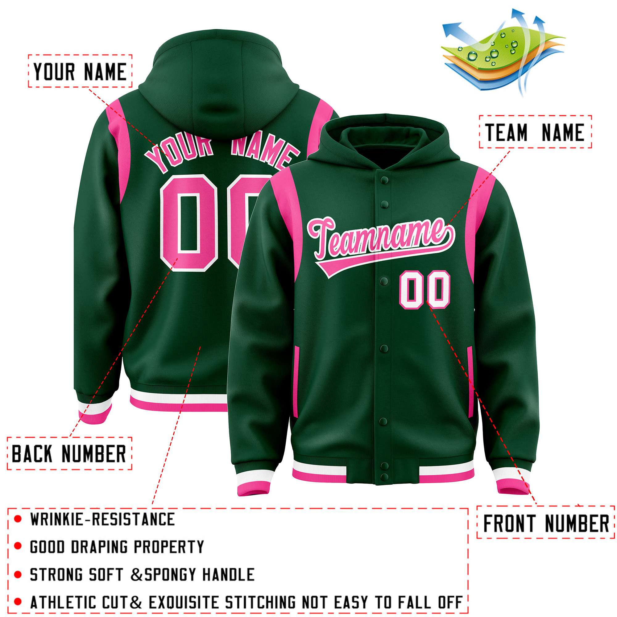Custom Green Pink Varsity Full-Snap Letterman Shoulder Color Block Jacket Hoodie| KXKSHOP