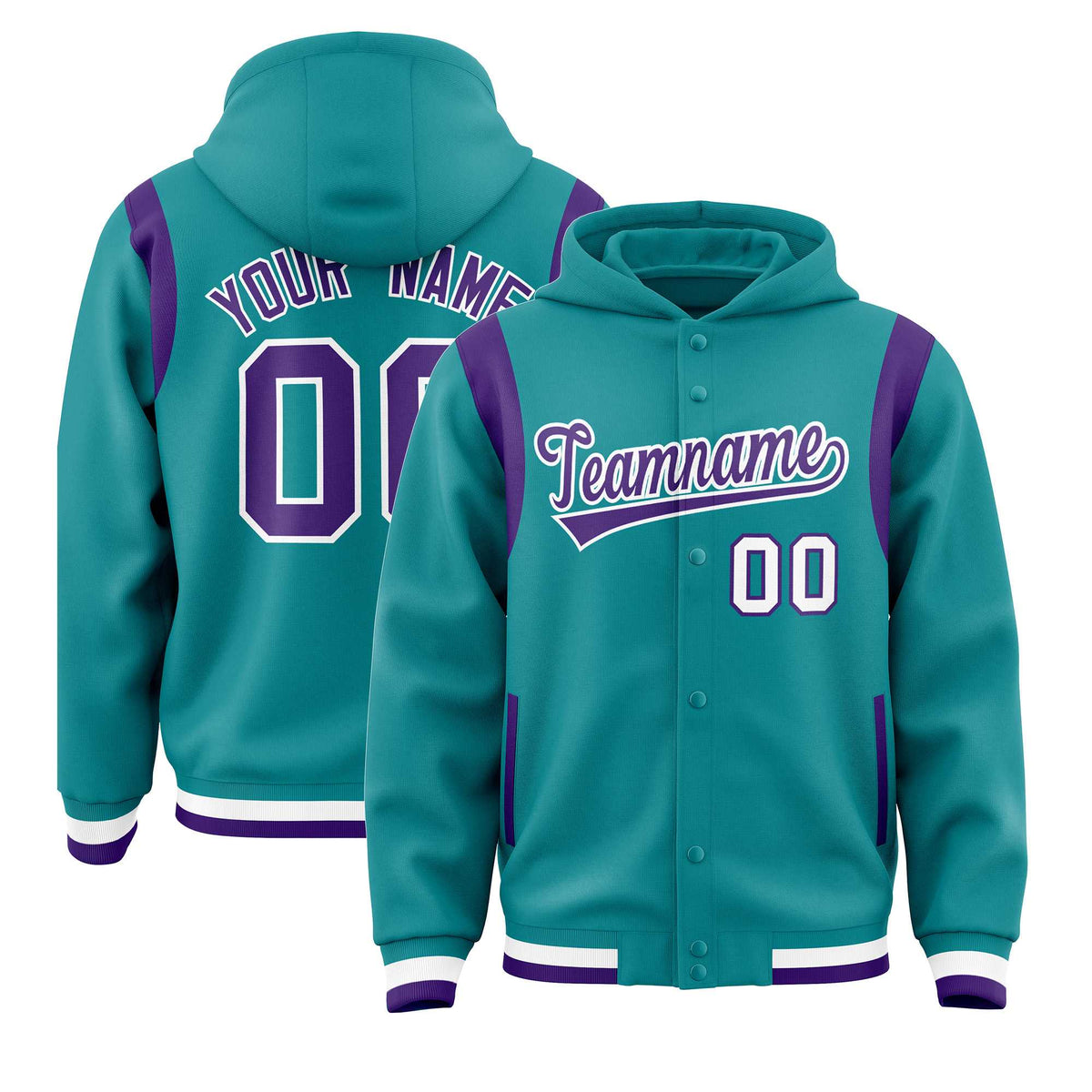 Custom Aqua Purple Varsity Full-Snap Letterman Shoulder Color Block Jacket Hoodie| KXKSHOP