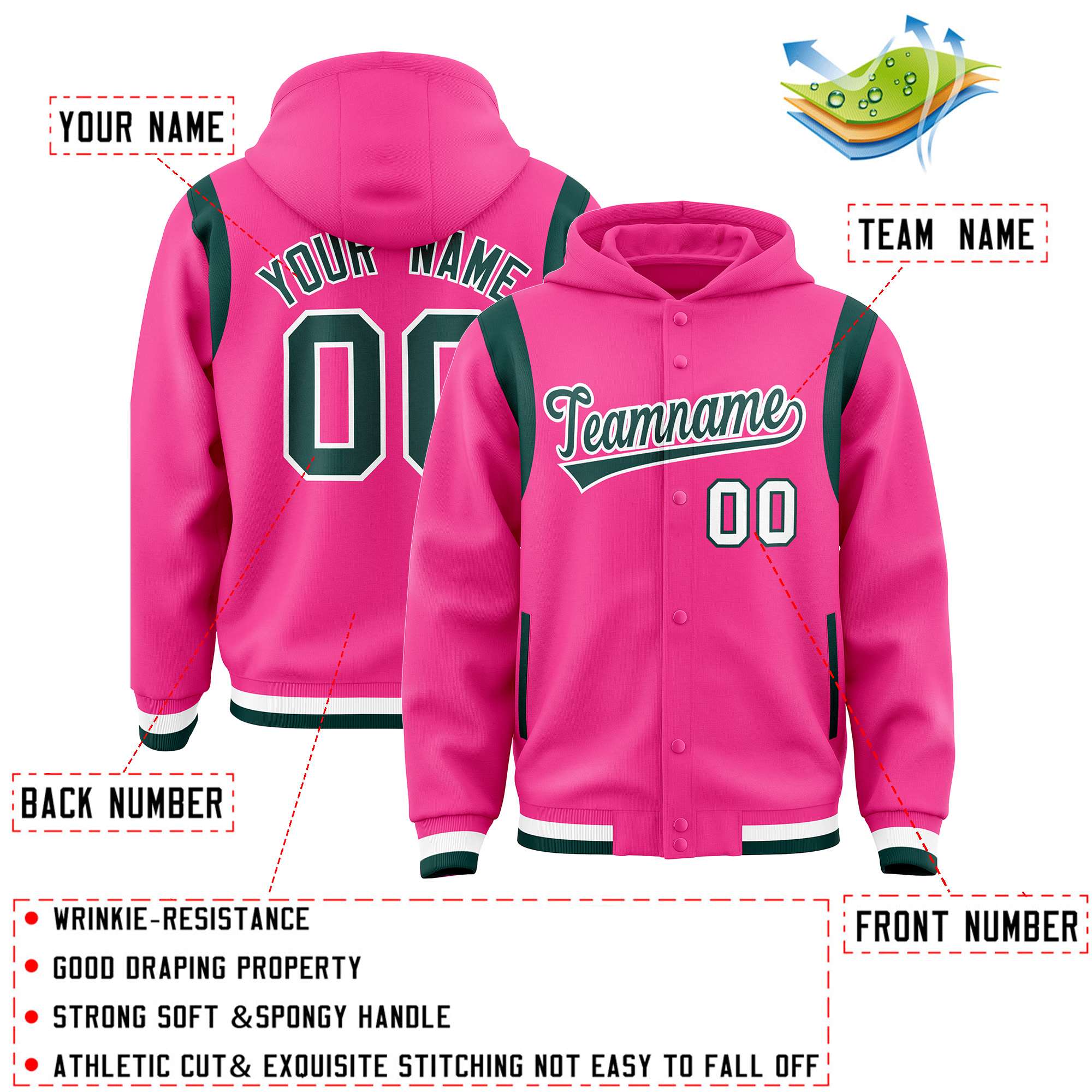 Custom Pink Midnight Green Varsity Full-Snap Letterman Shoulder Color Block Jacket Hoodie| KXKSHOP