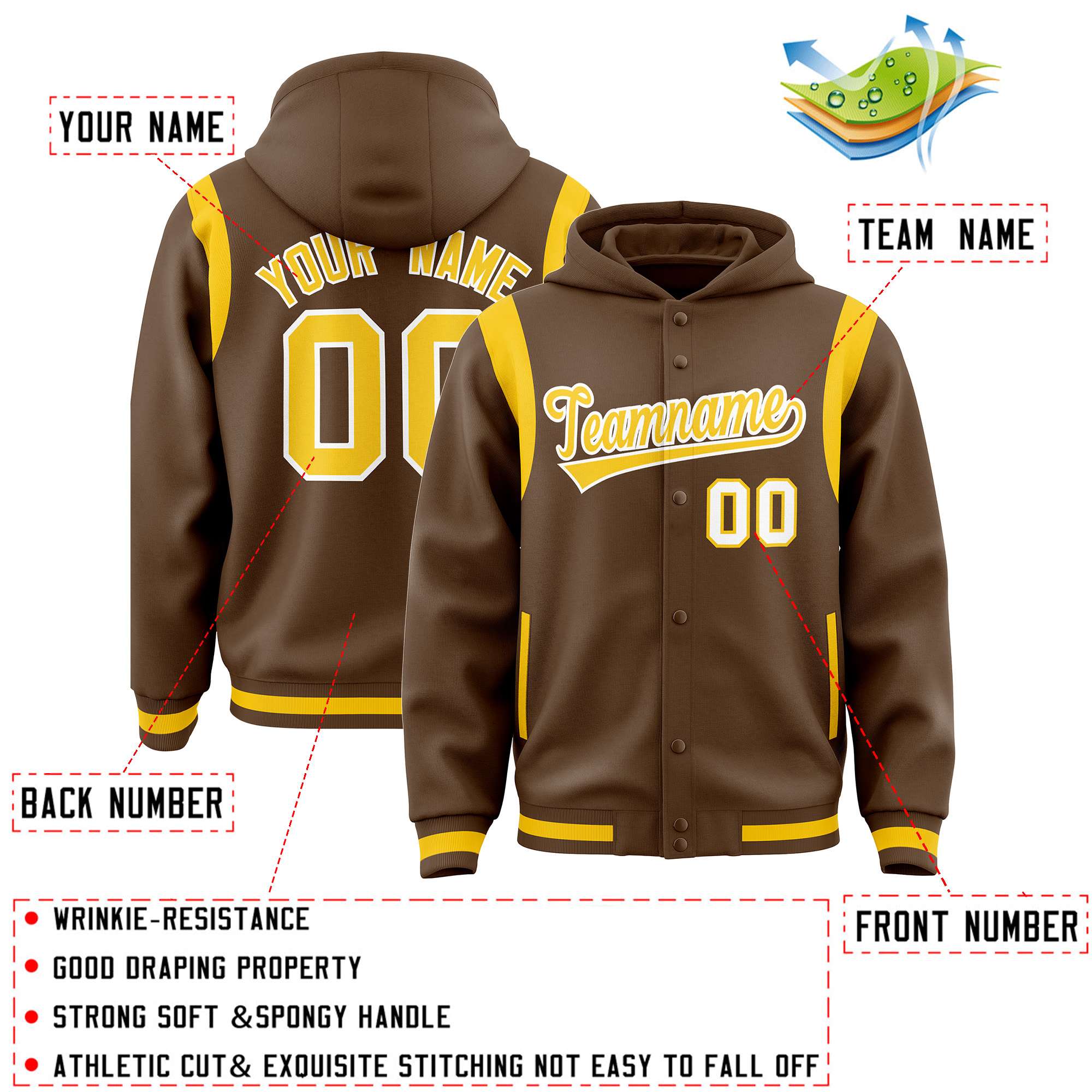 Custom Light Brown Gold Varsity Full-Snap Letterman Shoulder Color Block Jacket Hoodie| KXKSHOP