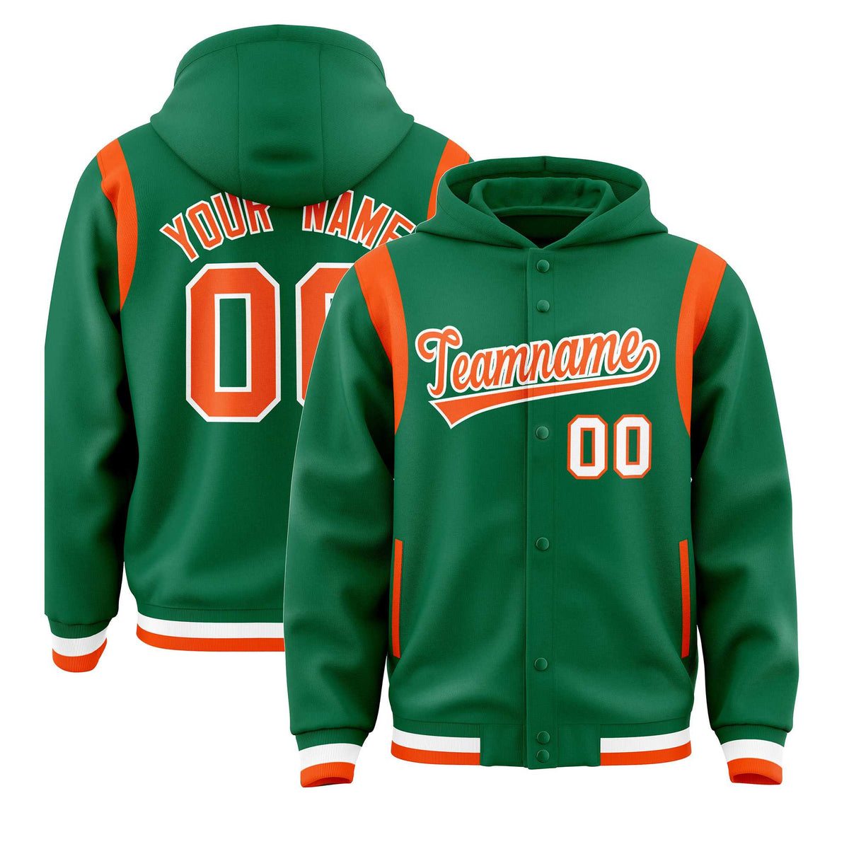 Custom Kelly Green Orange Varsity Full-Snap Letterman Shoulder Color Block Jacket Hoodie| KXKSHOP