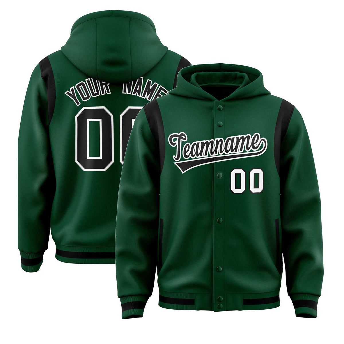 Custom Green Black Varsity Full-Snap Letterman Shoulder Color Block Jacket Hoodie| KXKSHOP