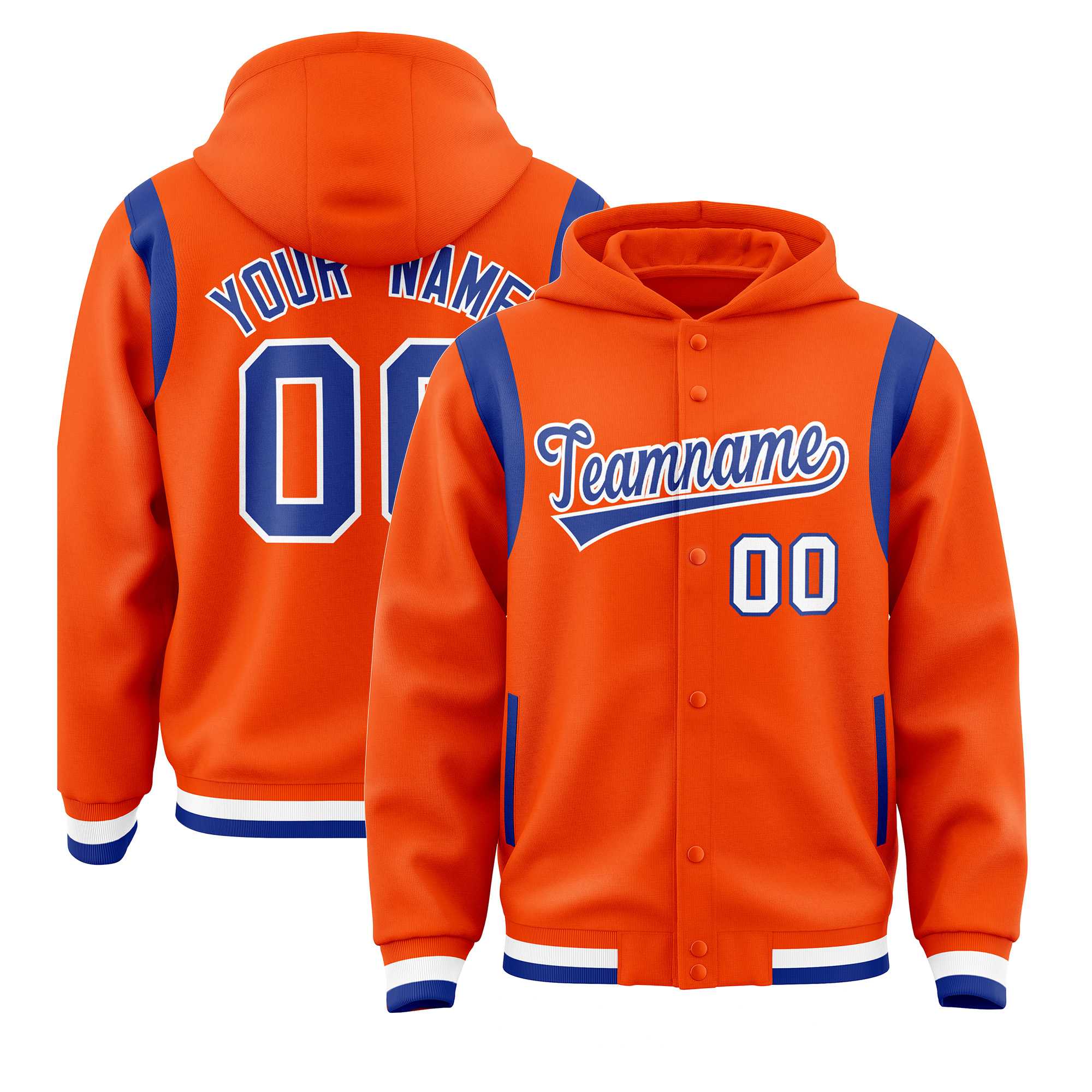 Custom Orange Royal Varsity Full-Snap Letterman Shoulder Color Block Jacket Hoodie| KXKSHOP