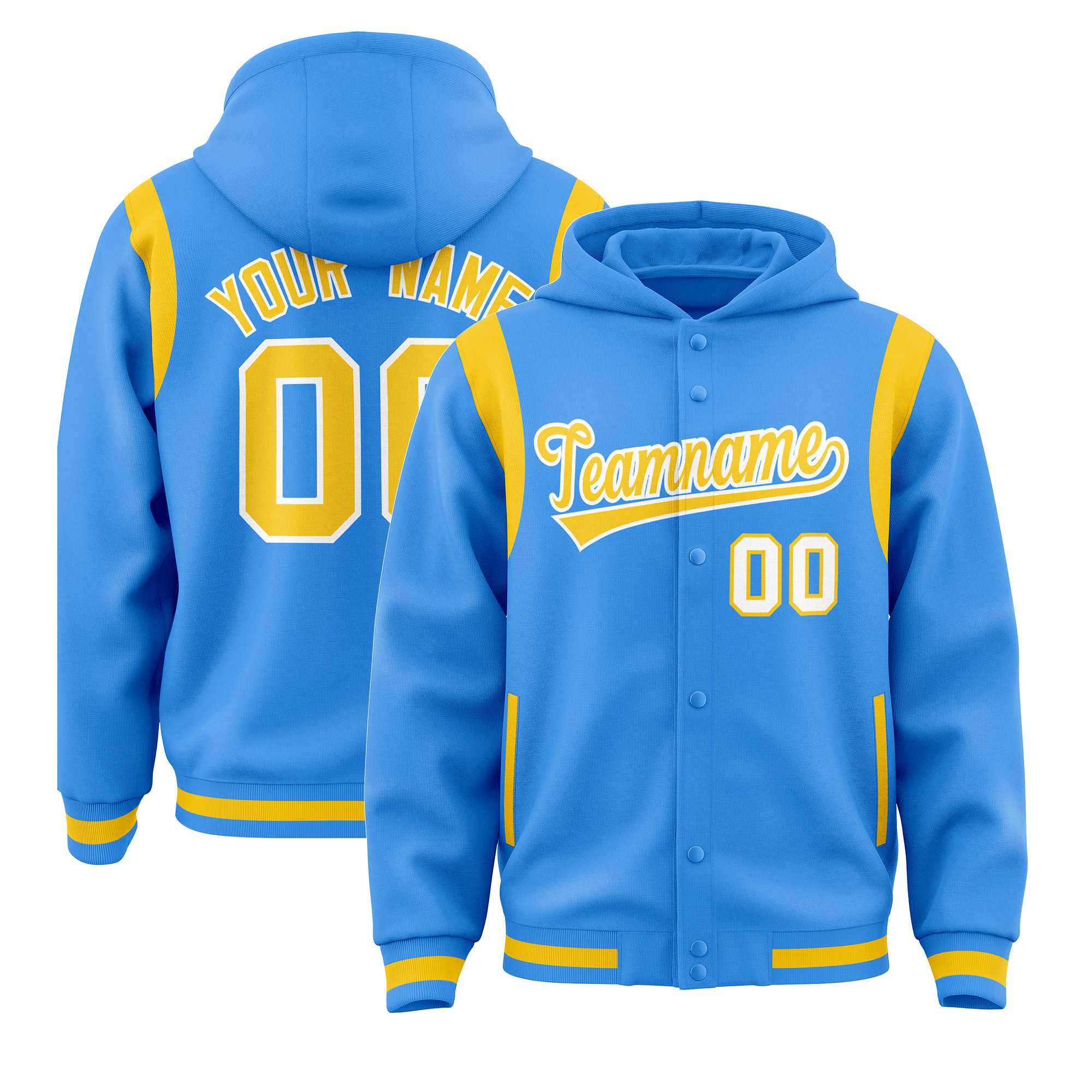 Custom Powder Blue Gold Varsity Full-Snap Letterman Shoulder Color Block Jacket Hoodie| KXKSHOP