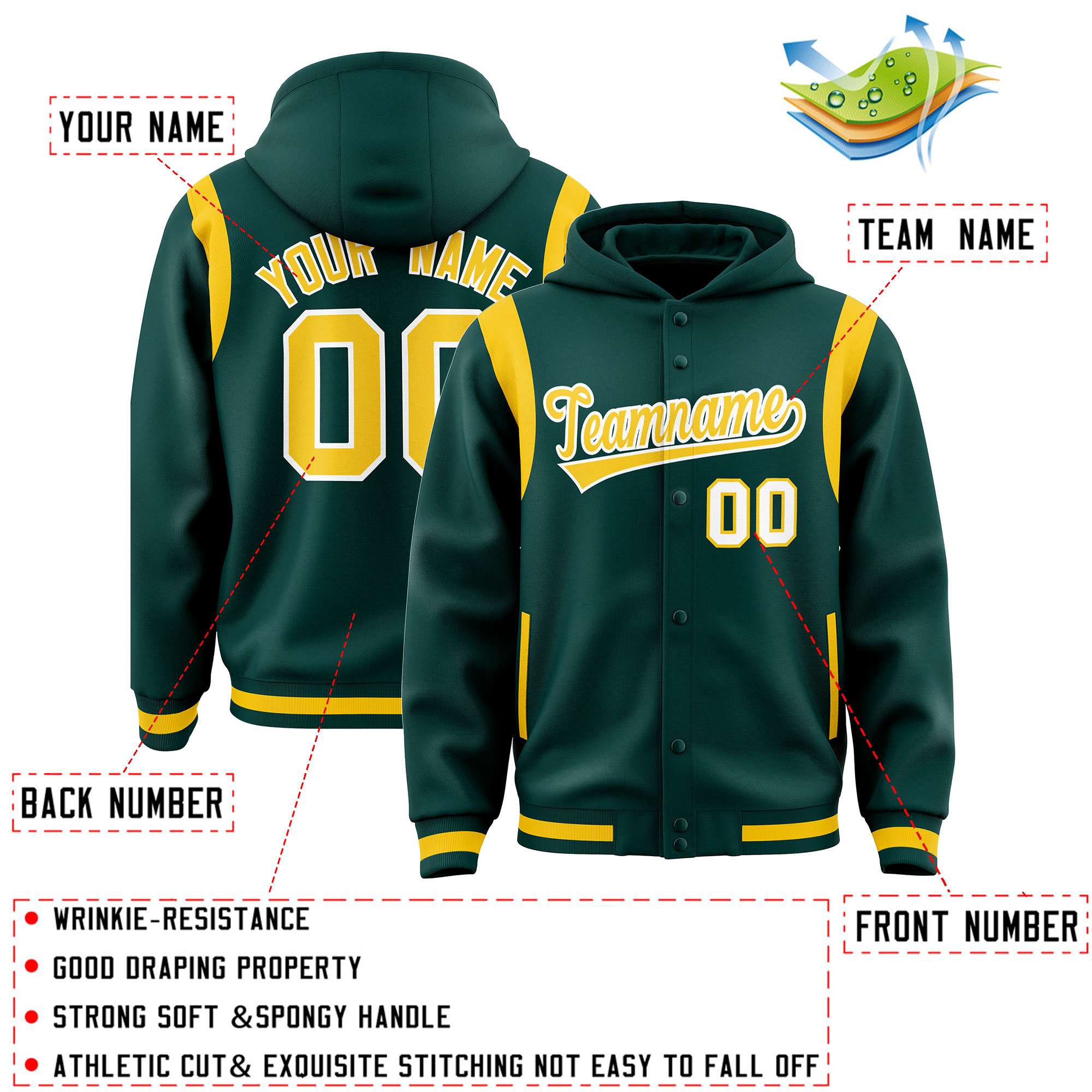 Custom Midnight Green Gold Varsity Full-Snap Letterman Shoulder Color Block Jacket Hoodie| KXKSHOP