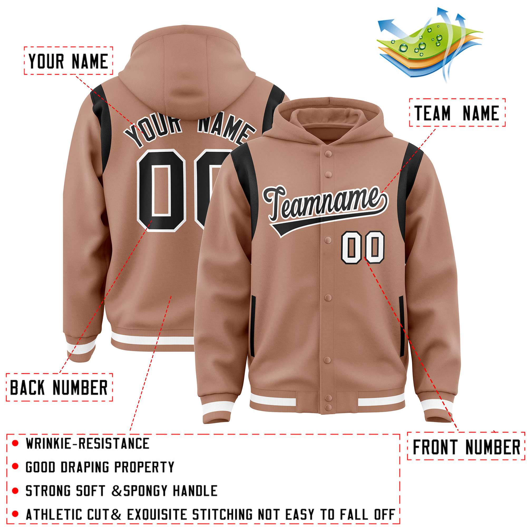 Custom Coffee Brown Black Varsity Full-Snap Letterman Shoulder Color Block Jacket Hoodie| KXKSHOP