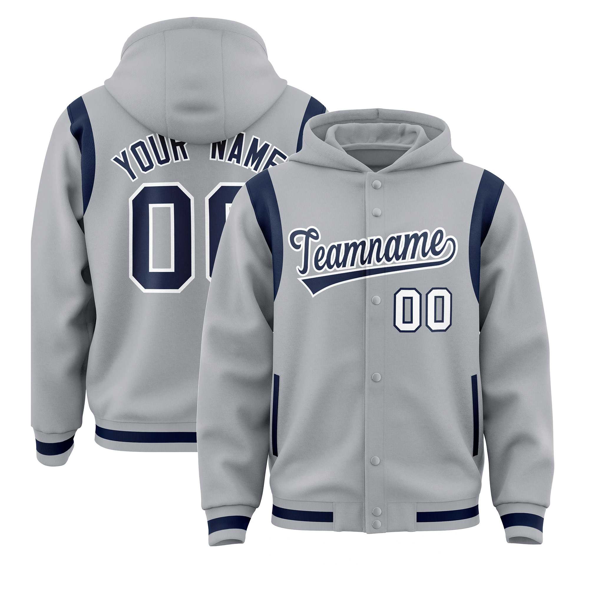 Custom Silver Navy Varsity Full-Snap Letterman Shoulder Color Block Jacket Hoodie| KXKSHOP